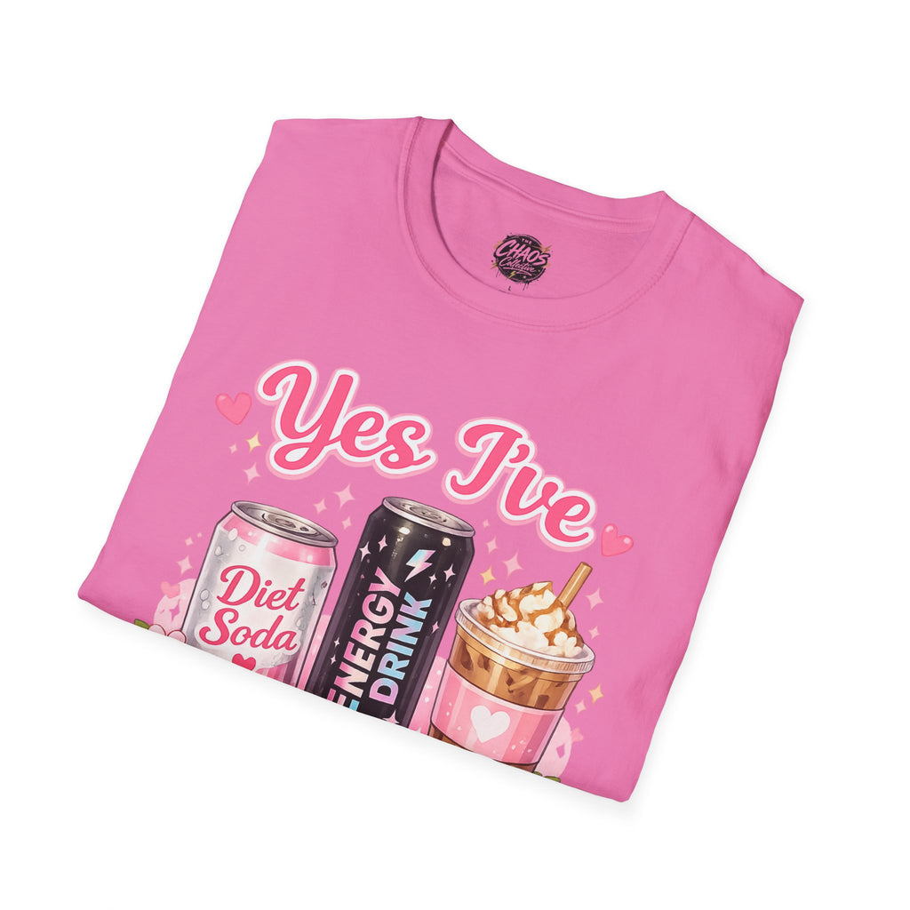 Funny Caffeine Lover Shirt – “Yes I’ve Eaten Today” Diet Soda, Energy Drink & Iced Coffee Tee – Girly Basic Coffee Girl T-Shirt
