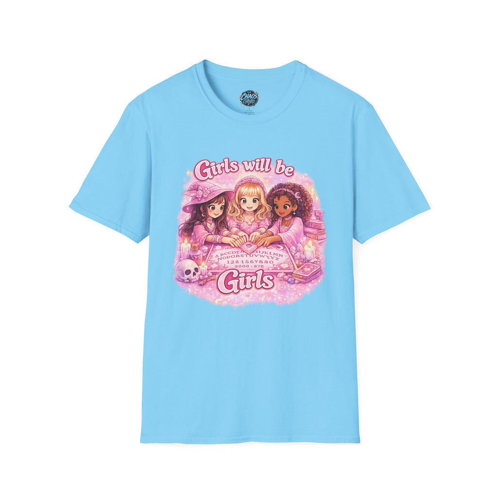 Girls Will Be Girls Women's T‑Shirt — Pink Retro Friendship Graphic Tee - Girls Will Be Girls Witchy Ouija Board Shirt - Trendy Witchcore Graphic Tee