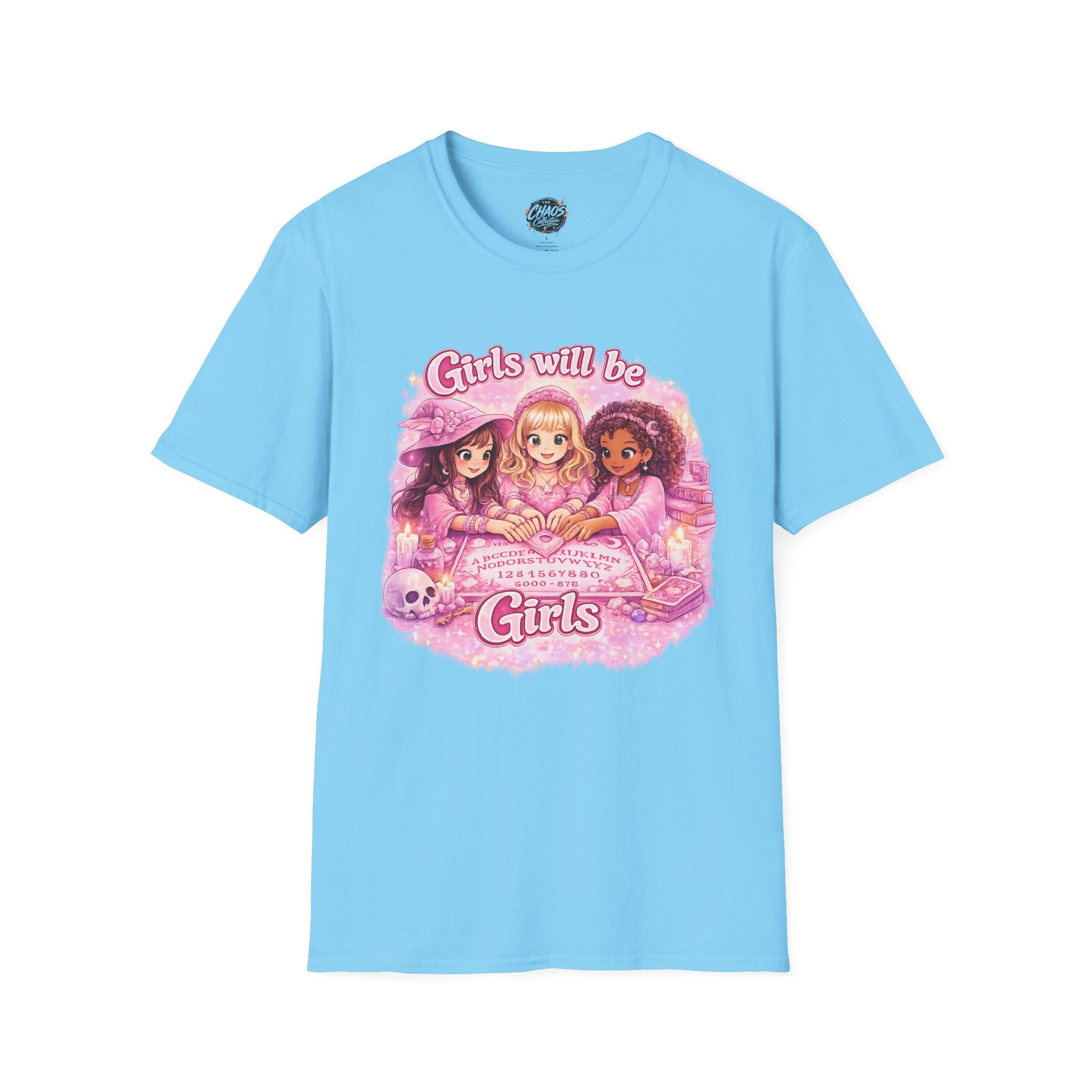 Girls Will Be Girls Women's T‑Shirt — Pink Retro Friendship Graphic Tee - Girls Will Be Girls Witchy Ouija Board Shirt - Trendy Witchcore Graphic Tee