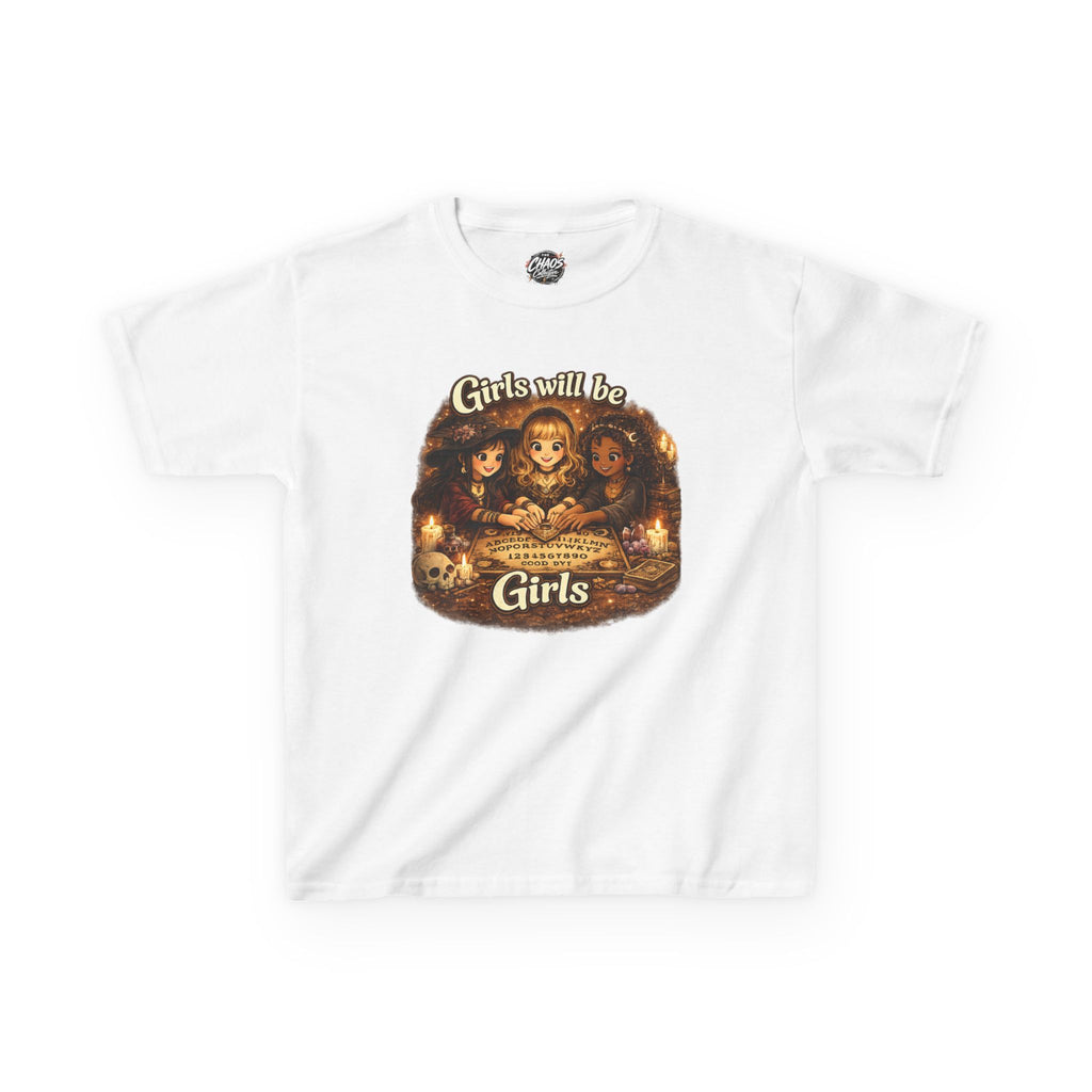 Girls Will Be Girls Kids Tee — Vintage Floral Trio Graphic Shirt - Witchy Girls Ouija Board Shirt - Spooky Cute Girls Shirt