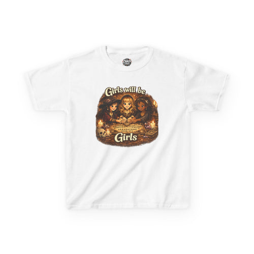 Girls Will Be Girls Kids Tee — Vintage Floral Trio Graphic Shirt - Witchy Girls Ouija Board Shirt - Spooky Cute Girls Shirt