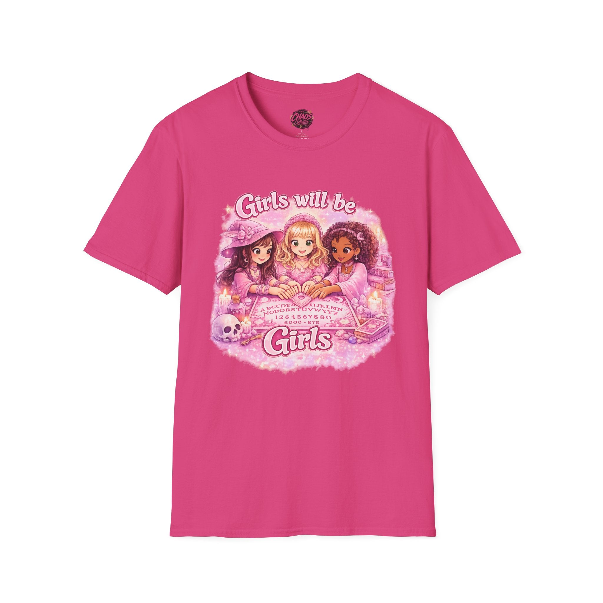Girls Will Be Girls Women's T‑Shirt — Pink Retro Friendship Graphic Tee - Girls Will Be Girls Witchy Ouija Board Shirt - Trendy Witchcore Graphic Tee