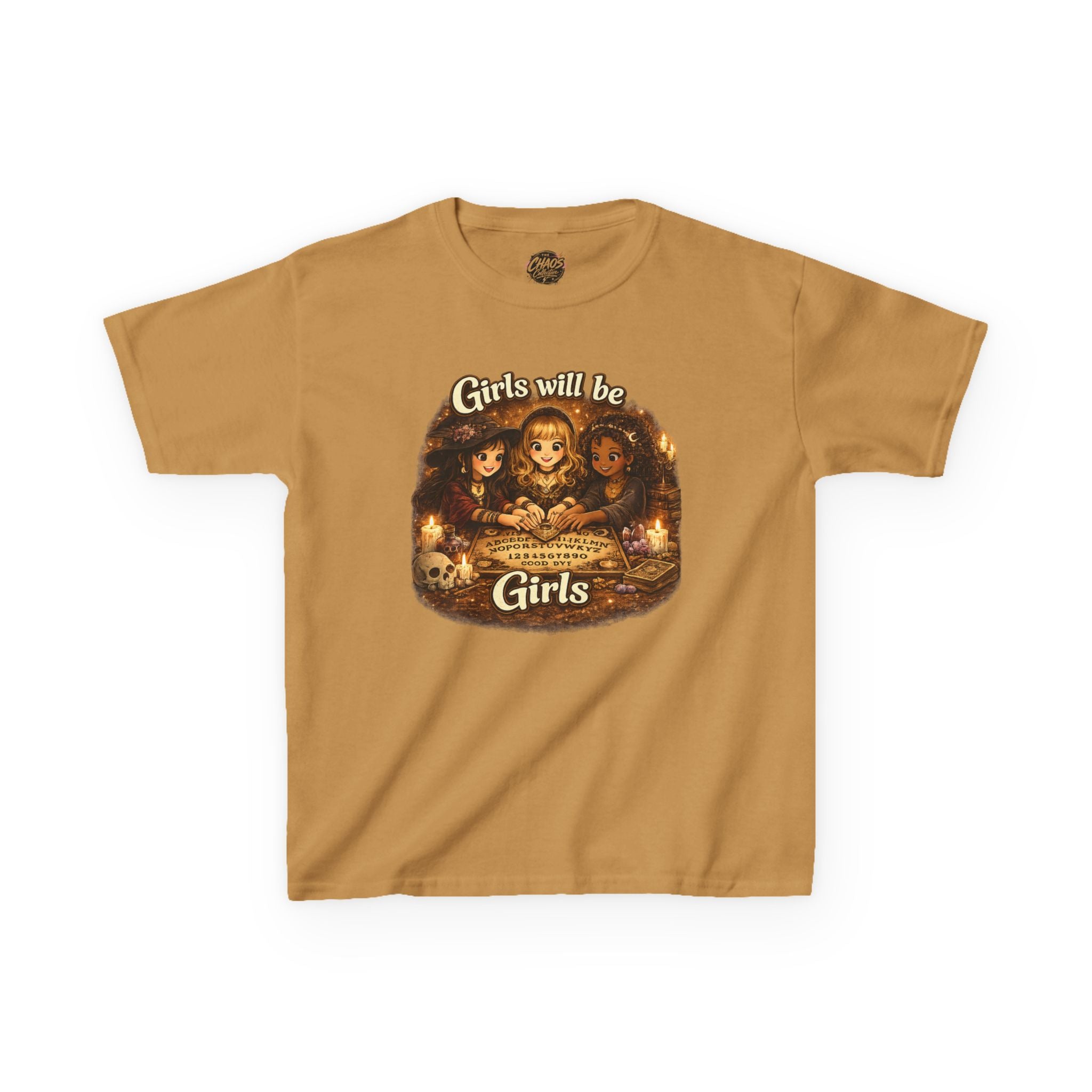Girls Will Be Girls Kids Tee — Vintage Floral Trio Graphic Shirt - Witchy Girls Ouija Board Shirt - Spooky Cute Girls Shirt