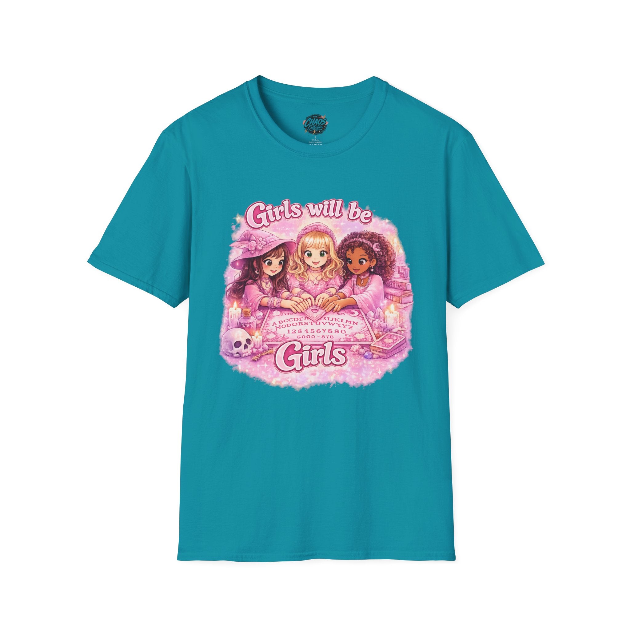 Girls Will Be Girls Women's T‑Shirt — Pink Retro Friendship Graphic Tee - Girls Will Be Girls Witchy Ouija Board Shirt - Trendy Witchcore Graphic Tee