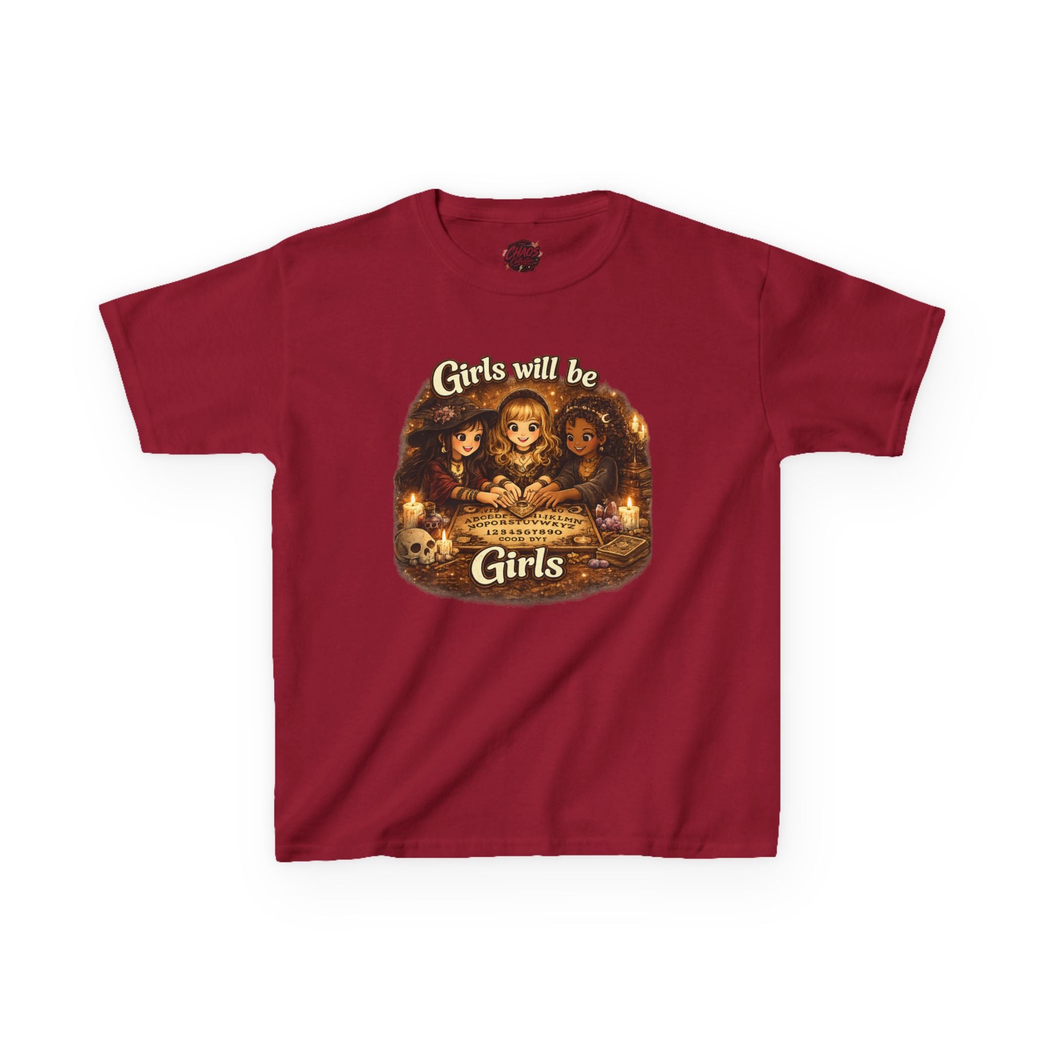Girls Will Be Girls Kids Tee — Vintage Floral Trio Graphic Shirt - Witchy Girls Ouija Board Shirt - Spooky Cute Girls Shirt