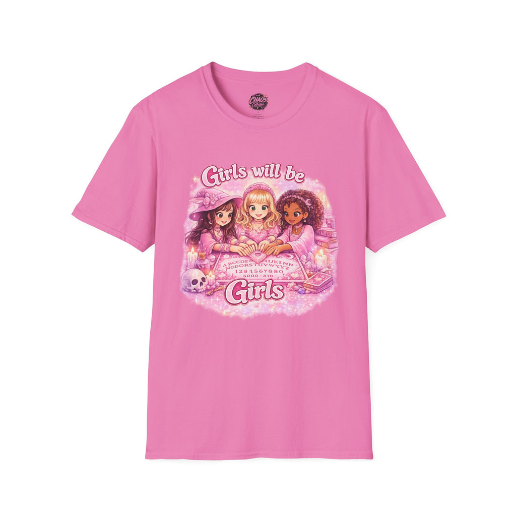 Girls Will Be Girls Women's T‑Shirt — Pink Retro Friendship Graphic Tee - Girls Will Be Girls Witchy Ouija Board Shirt - Trendy Witchcore Graphic Tee