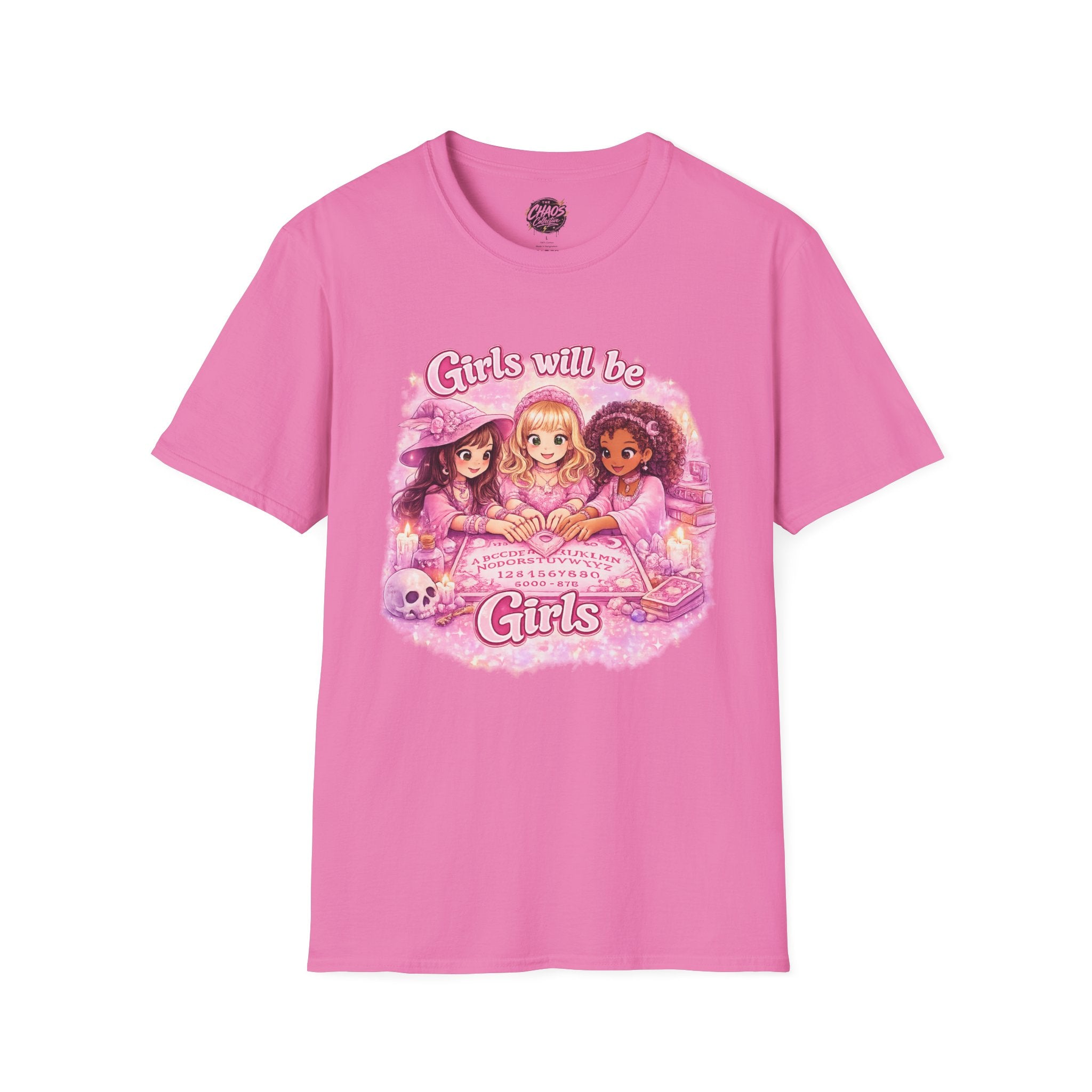 Girls Will Be Girls Women's T‑Shirt — Pink Retro Friendship Graphic Tee - Girls Will Be Girls Witchy Ouija Board Shirt - Trendy Witchcore Graphic Tee