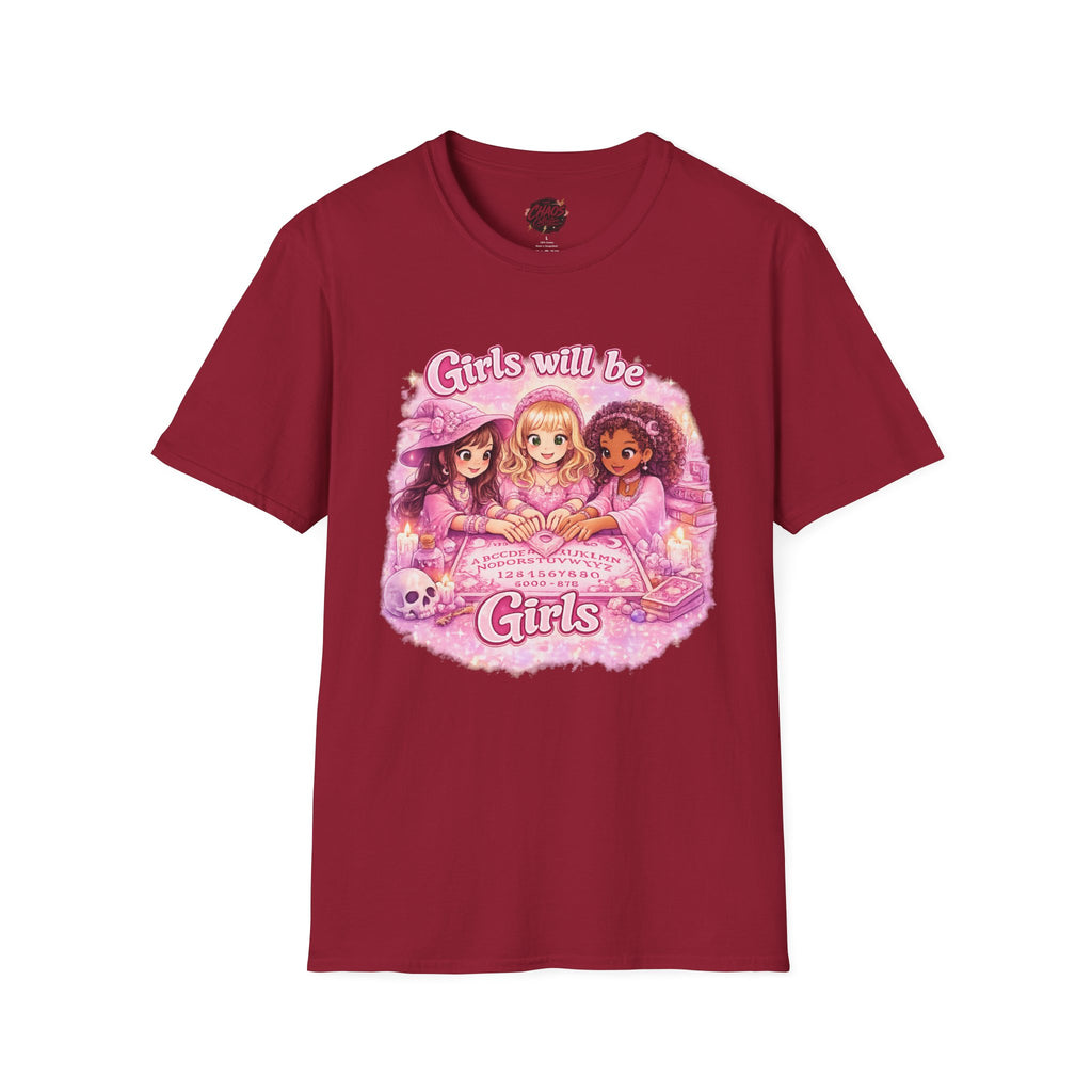 Girls Will Be Girls Women's T‑Shirt — Pink Retro Friendship Graphic Tee - Girls Will Be Girls Witchy Ouija Board Shirt - Trendy Witchcore Graphic Tee