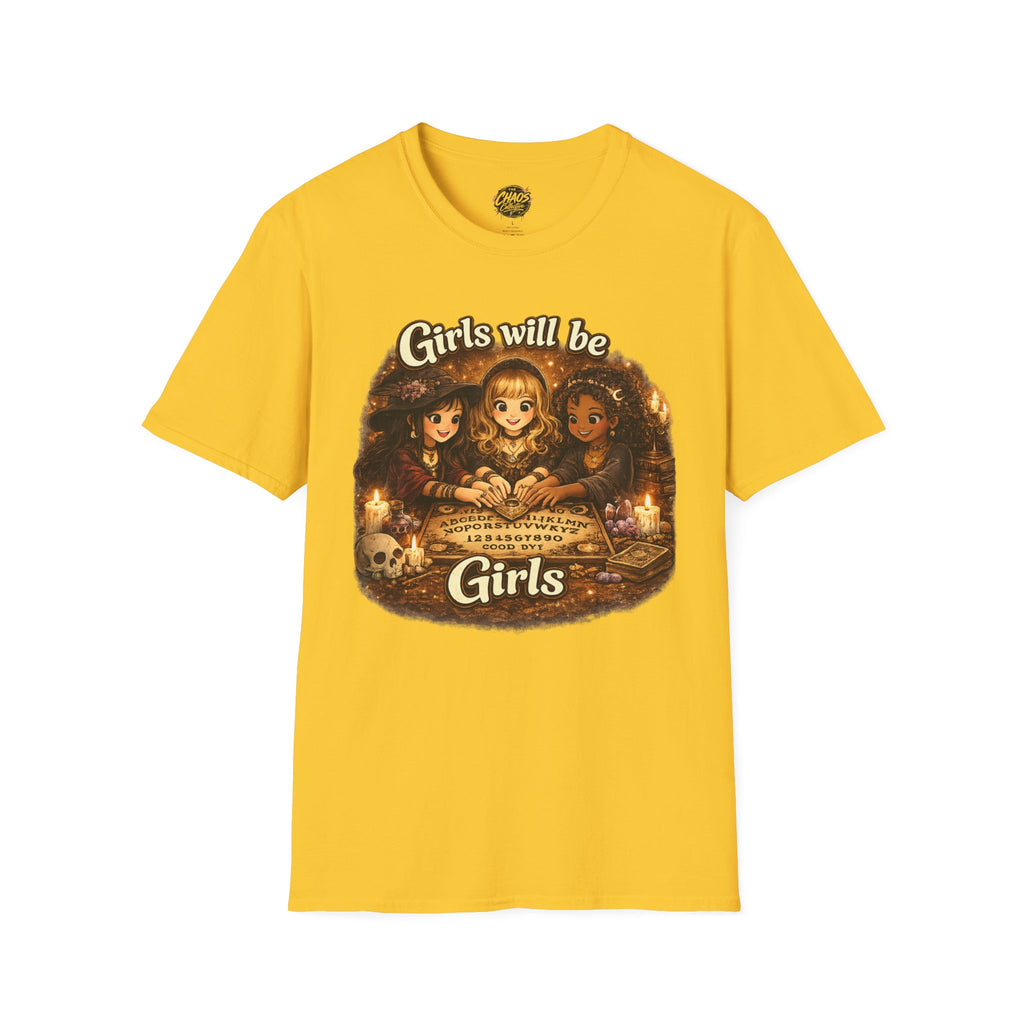 Girls Will Be Girls Kids Tee — Vintage Floral Trio Graphic Shirt - Witchy Girls Ouija Board Shirt - Spooky Cute Girls Shirt