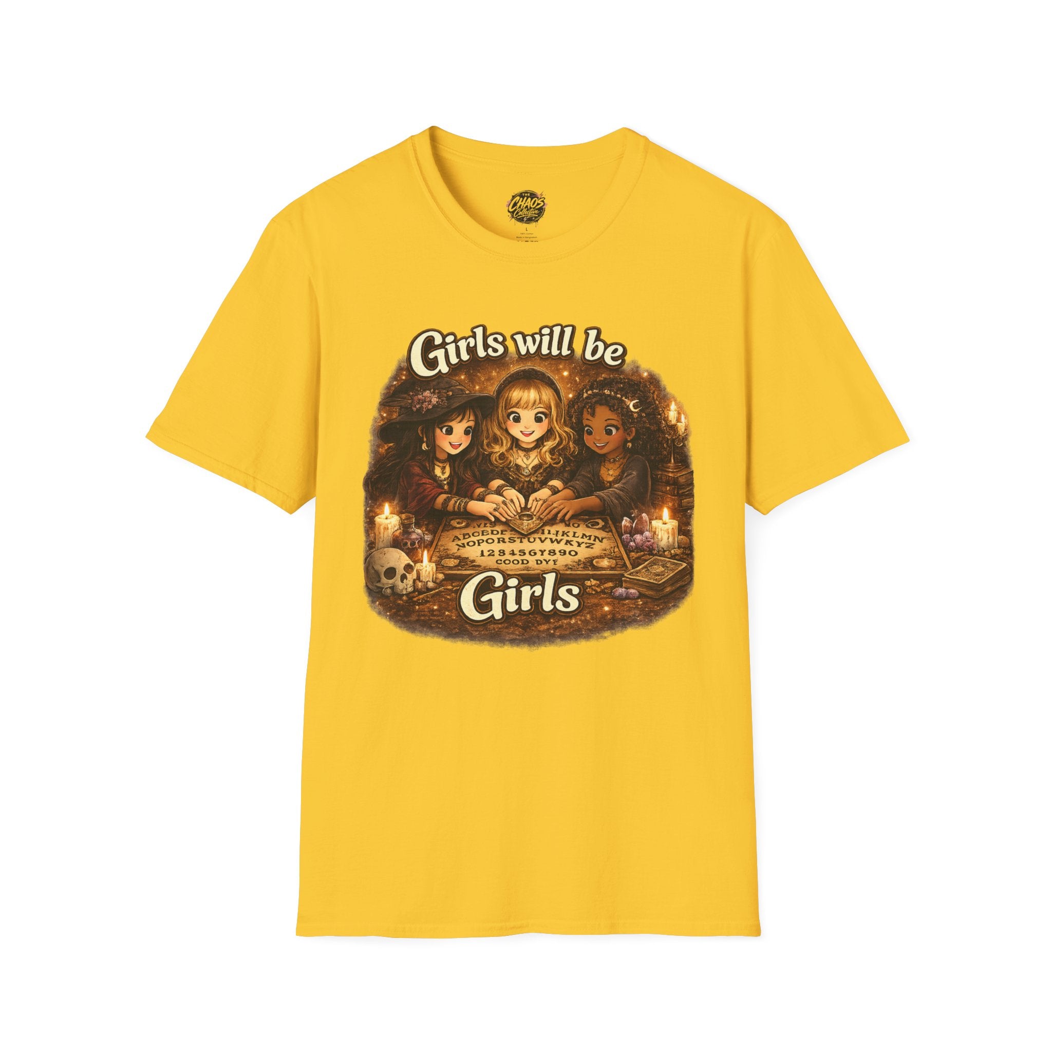 Girls Will Be Girls Kids Tee — Vintage Floral Trio Graphic Shirt - Witchy Girls Ouija Board Shirt - Spooky Cute Girls Shirt