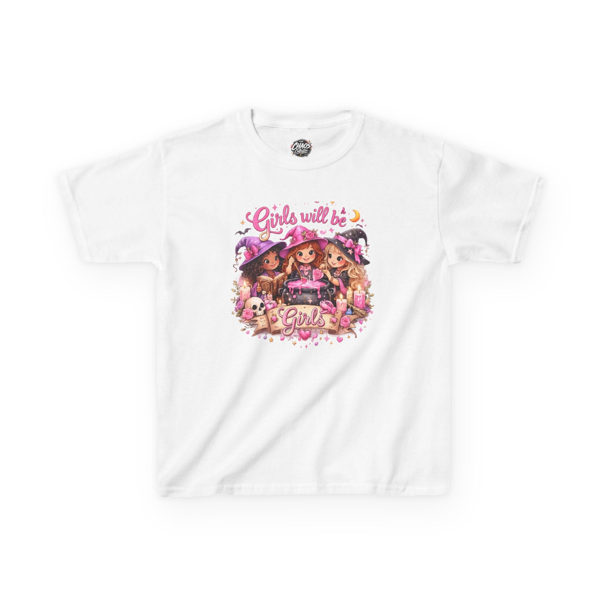 Girls Will Be Girls Kids T-Shirt — Cute Witch Costume Graphic Tee for Halloween - irls Will Be Girls T-Shirt — Cute Witch Trio Halloween Tee - Girls Will Be Girls Witch Shirt – Cute Kawaii Pink Halloween Graphic Tee, Girly Witch Aesthetic Spooky Shirt