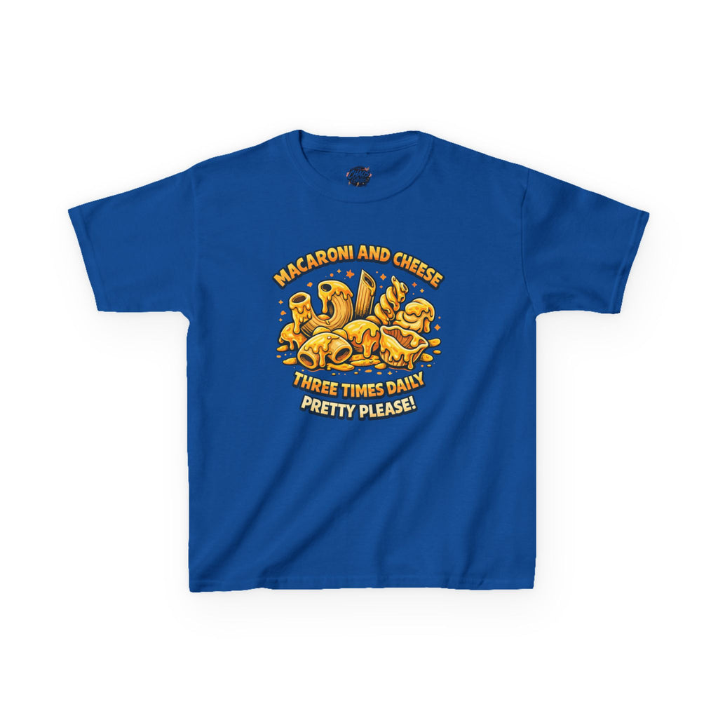 Kids Macaroni & Cheese Tee — "Macaroni and Cheese Three Times Daily, Pretty Please!"