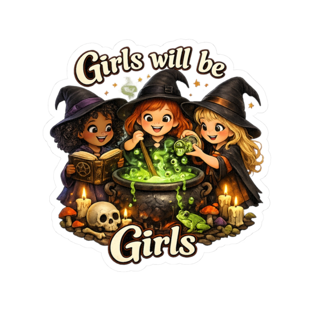 Girls Will Be Girls Witch Sticker — Cute Trio Witches Brewing Cauldron Kiss-Cut Sticker