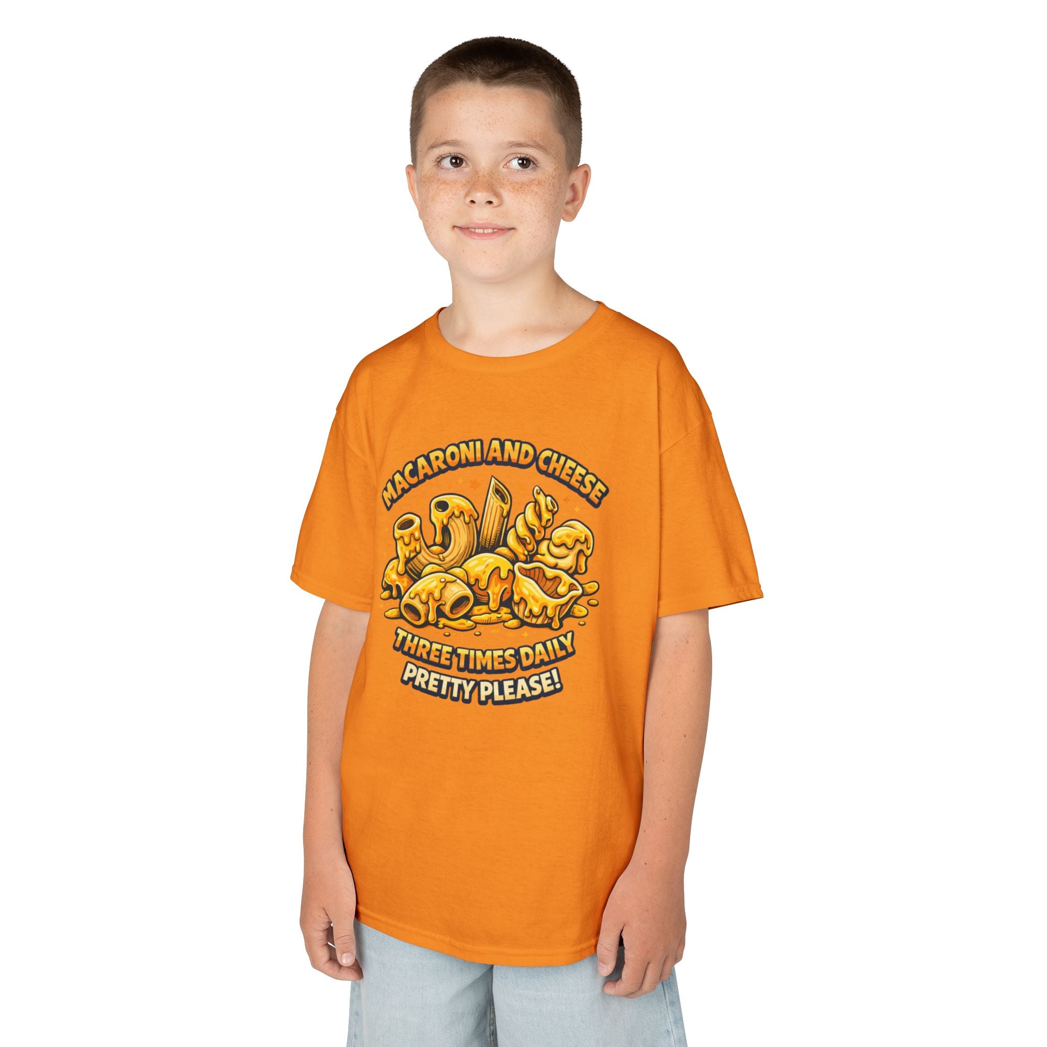 Kids Macaroni & Cheese Tee — "Macaroni and Cheese Three Times Daily, Pretty Please!"