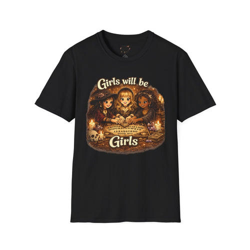 Girls Will Be Girls Kids Tee — Vintage Floral Trio Graphic Shirt - Witchy Girls Ouija Board Shirt - Spooky Cute Girls Shirt