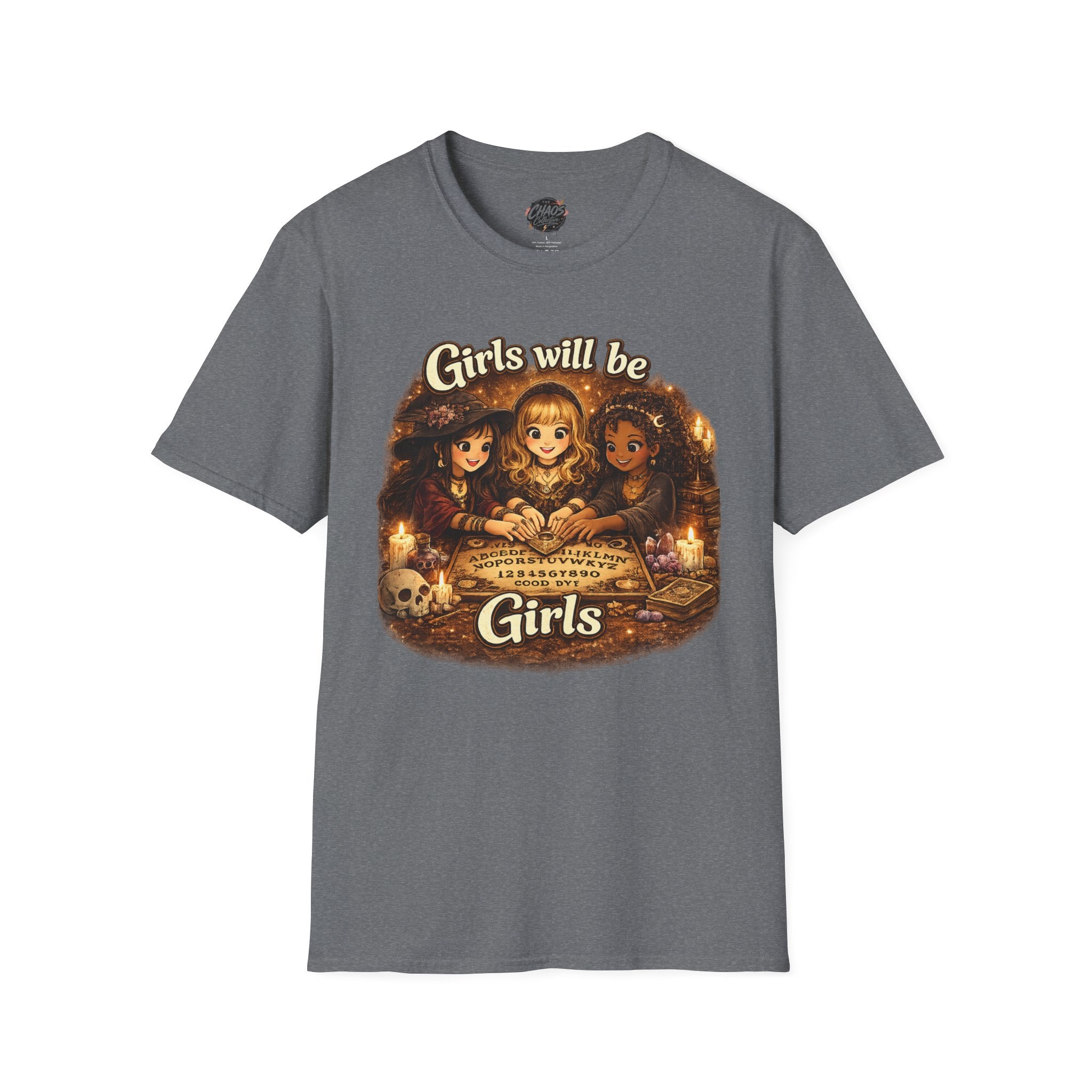 Girls Will Be Girls Kids Tee — Vintage Floral Trio Graphic Shirt - Witchy Girls Ouija Board Shirt - Spooky Cute Girls Shirt