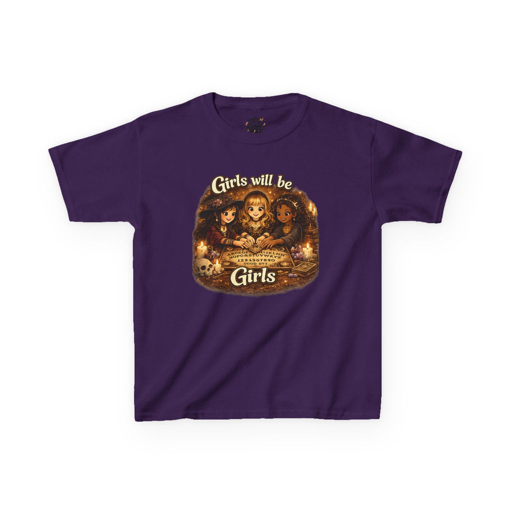 Girls Will Be Girls Kids Tee — Vintage Floral Trio Graphic Shirt - Witchy Girls Ouija Board Shirt - Spooky Cute Girls Shirt