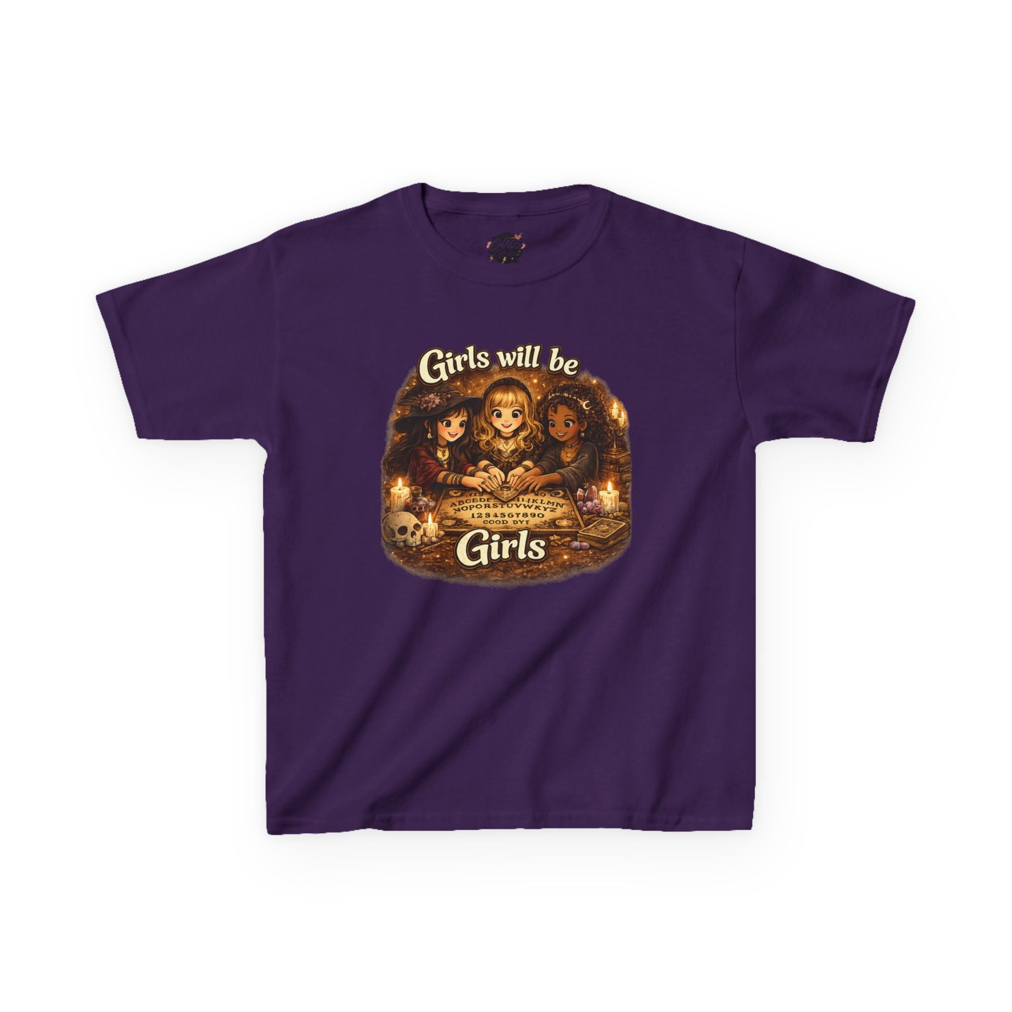 Girls Will Be Girls Kids Tee — Vintage Floral Trio Graphic Shirt - Witchy Girls Ouija Board Shirt - Spooky Cute Girls Shirt