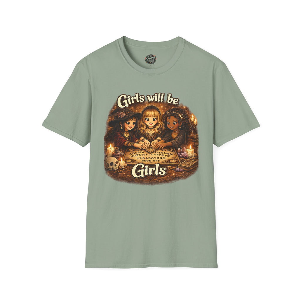 Girls Will Be Girls Kids Tee — Vintage Floral Trio Graphic Shirt - Witchy Girls Ouija Board Shirt - Spooky Cute Girls Shirt