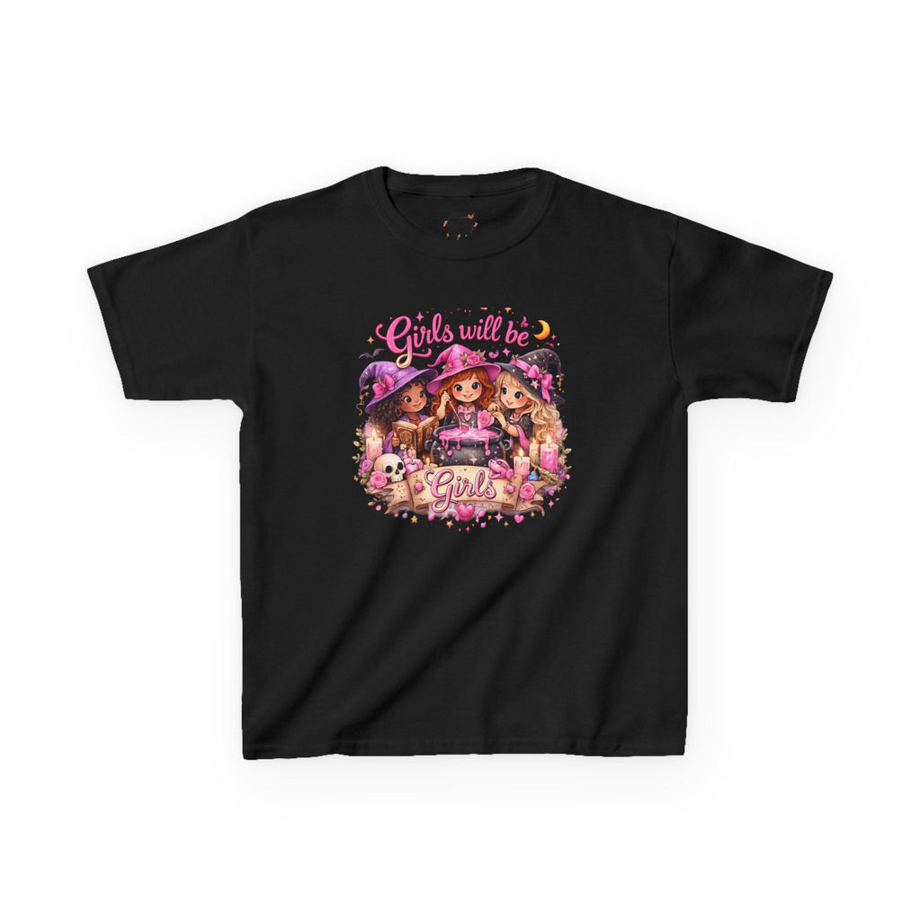 Girls Will Be Girls Kids T-Shirt — Cute Witch Costume Graphic Tee for Halloween - irls Will Be Girls T-Shirt — Cute Witch Trio Halloween Tee - Girls Will Be Girls Witch Shirt – Cute Kawaii Pink Halloween Graphic Tee, Girly Witch Aesthetic Spooky Shirt