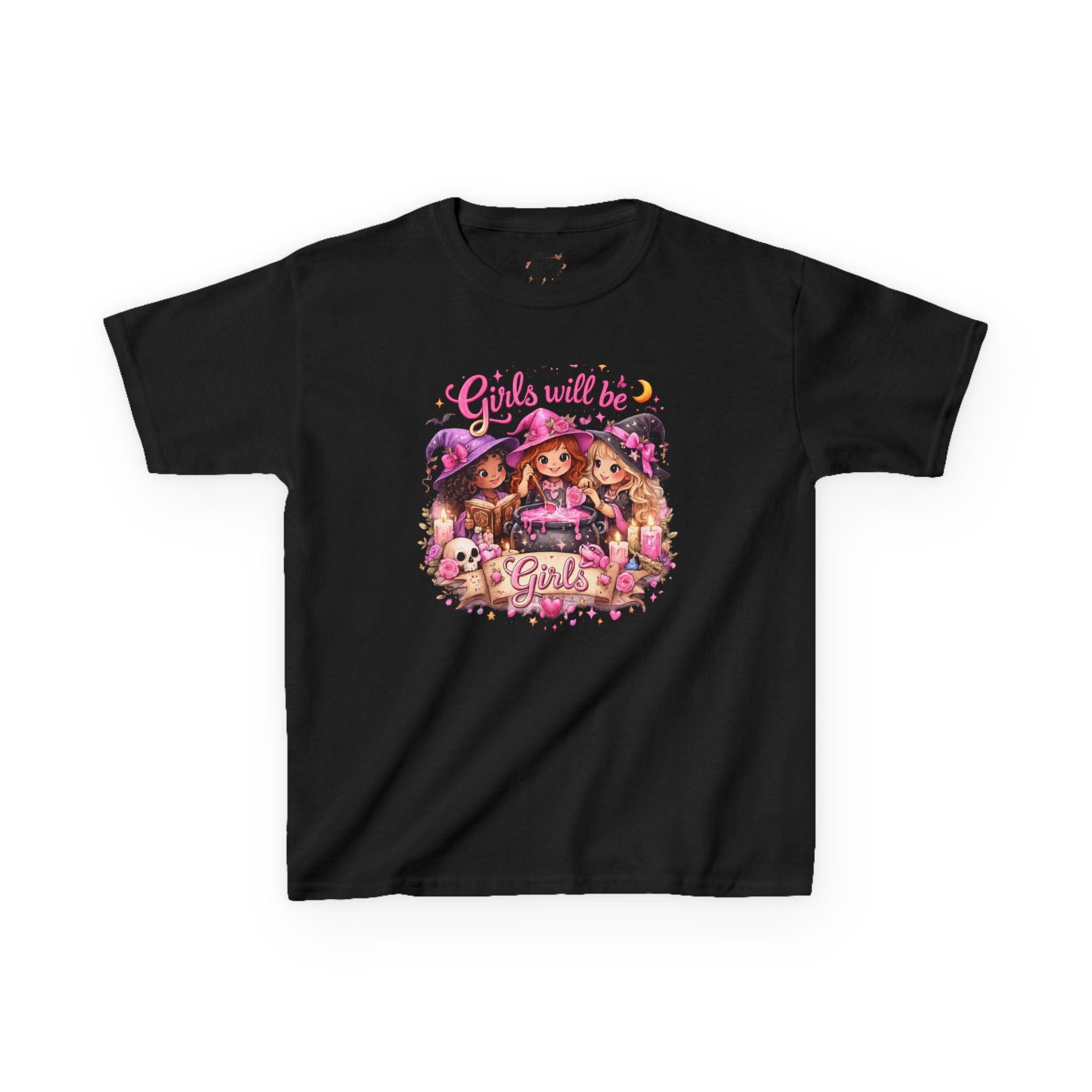 Girls Will Be Girls Kids T-Shirt — Cute Witch Costume Graphic Tee for Halloween - irls Will Be Girls T-Shirt — Cute Witch Trio Halloween Tee - Girls Will Be Girls Witch Shirt – Cute Kawaii Pink Halloween Graphic Tee, Girly Witch Aesthetic Spooky Shirt