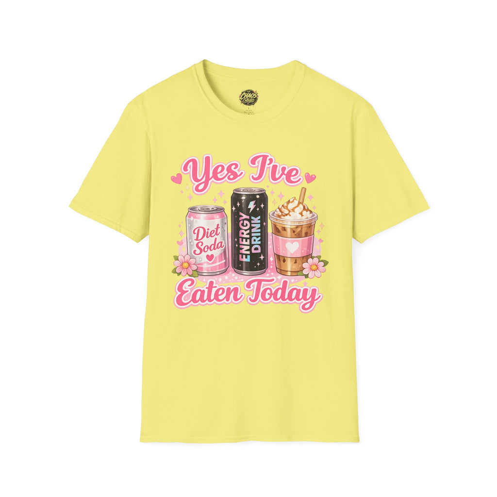 Funny Caffeine Lover Shirt – “Yes I’ve Eaten Today” Diet Soda, Energy Drink & Iced Coffee Tee – Girly Basic Coffee Girl T-Shirt