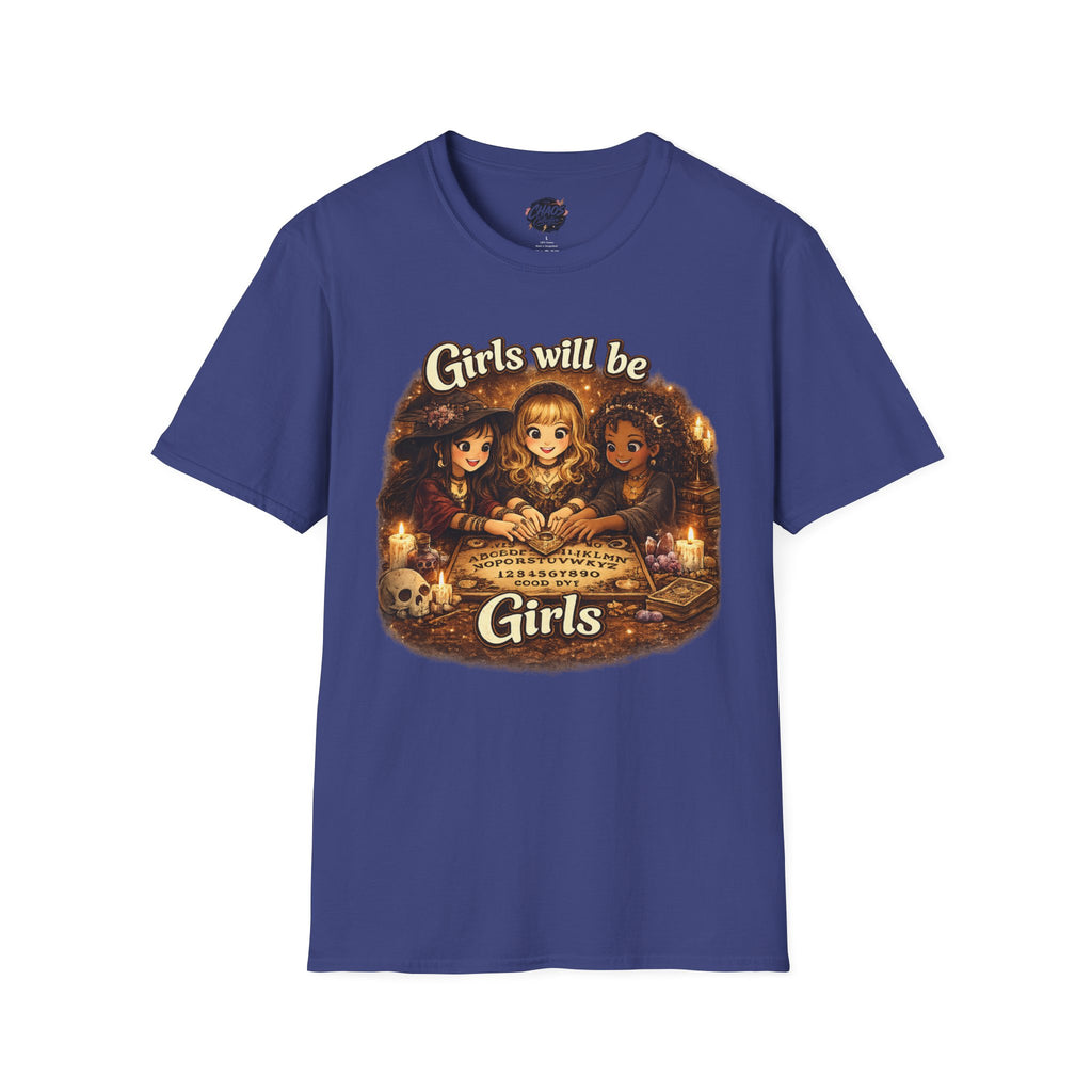 Girls Will Be Girls Kids Tee — Vintage Floral Trio Graphic Shirt - Witchy Girls Ouija Board Shirt - Spooky Cute Girls Shirt