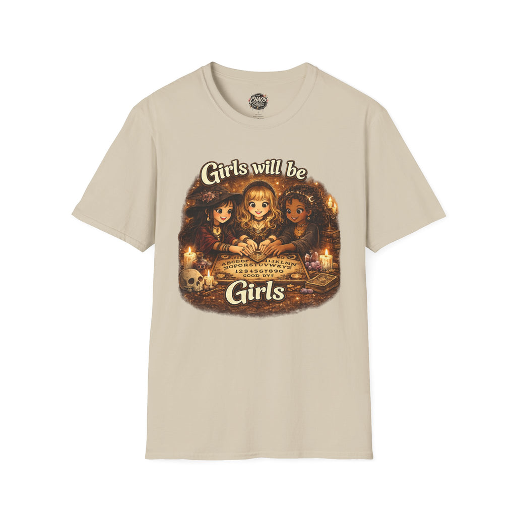 Girls Will Be Girls Kids Tee — Vintage Floral Trio Graphic Shirt - Witchy Girls Ouija Board Shirt - Spooky Cute Girls Shirt