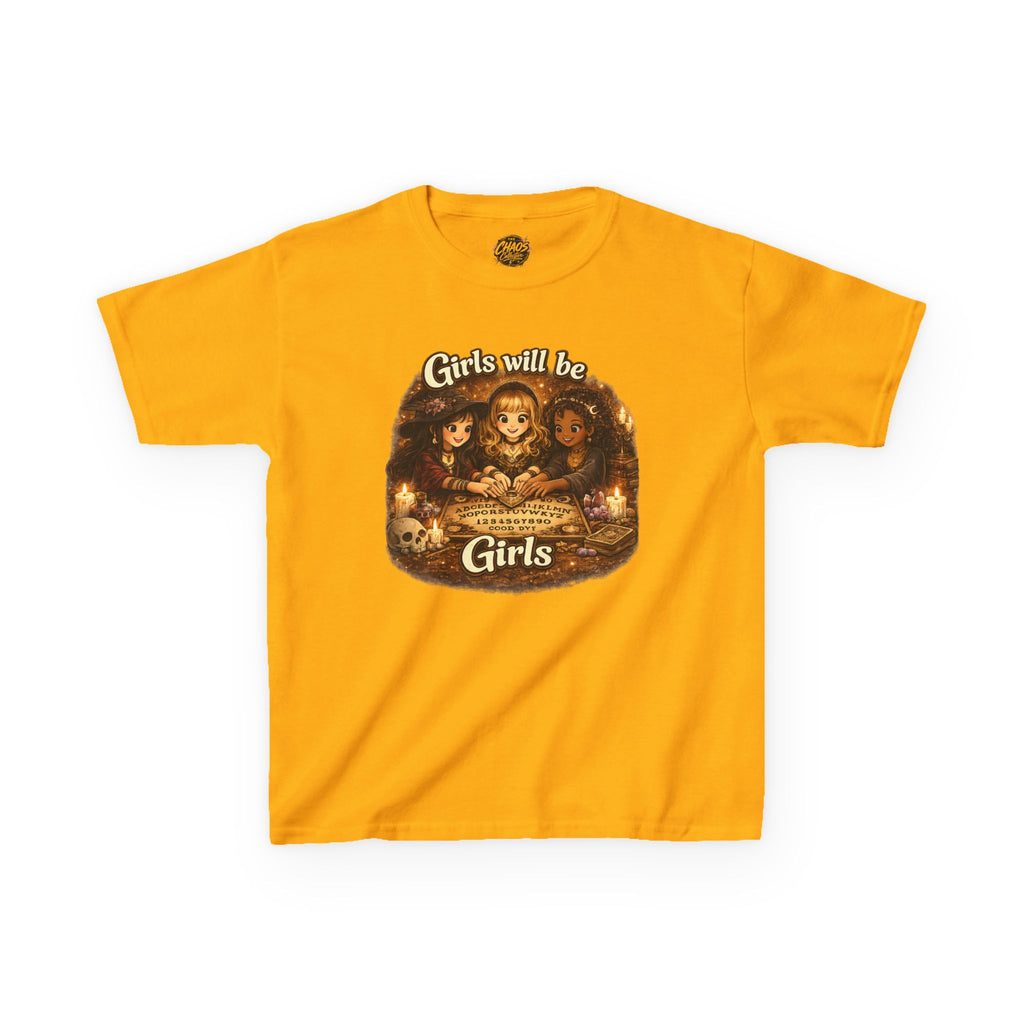 Girls Will Be Girls Kids Tee — Vintage Floral Trio Graphic Shirt - Witchy Girls Ouija Board Shirt - Spooky Cute Girls Shirt