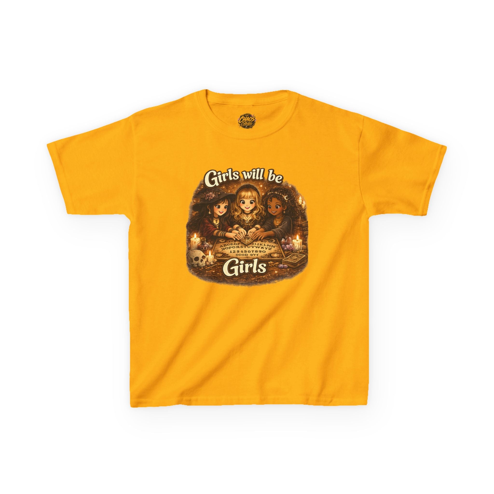 Girls Will Be Girls Kids Tee — Vintage Floral Trio Graphic Shirt - Witchy Girls Ouija Board Shirt - Spooky Cute Girls Shirt