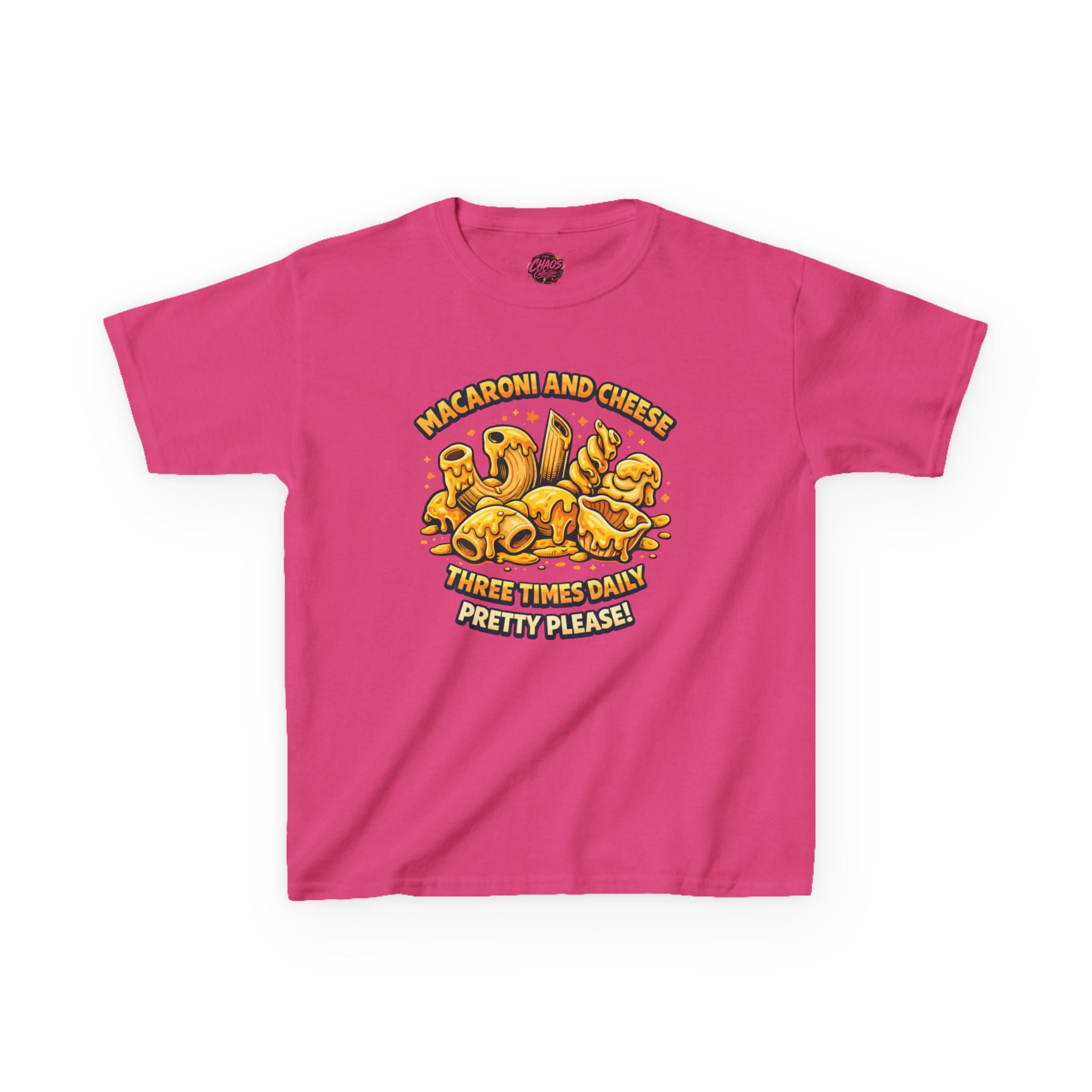 Kids Macaroni & Cheese Tee — "Macaroni and Cheese Three Times Daily, Pretty Please!"