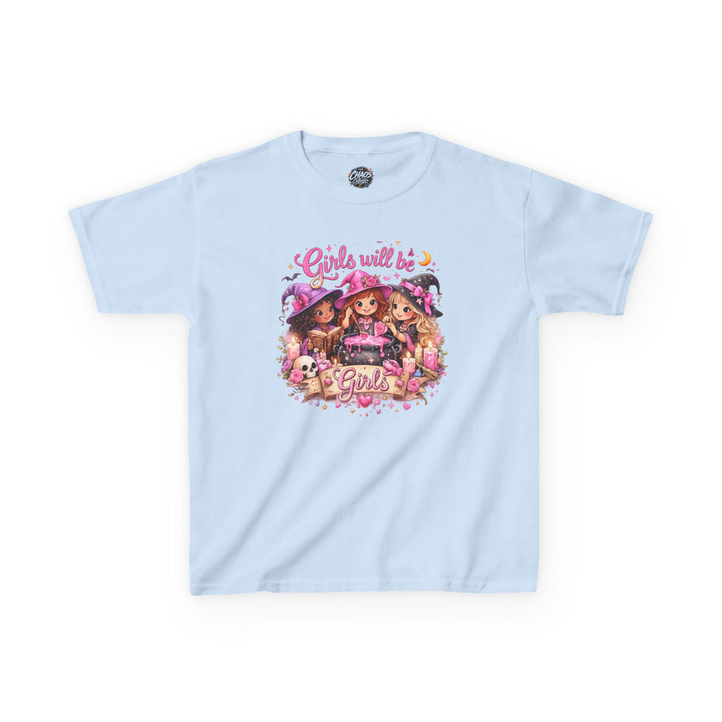 Girls Will Be Girls Kids T-Shirt — Cute Witch Costume Graphic Tee for Halloween - irls Will Be Girls T-Shirt — Cute Witch Trio Halloween Tee - Girls Will Be Girls Witch Shirt – Cute Kawaii Pink Halloween Graphic Tee, Girly Witch Aesthetic Spooky Shirt