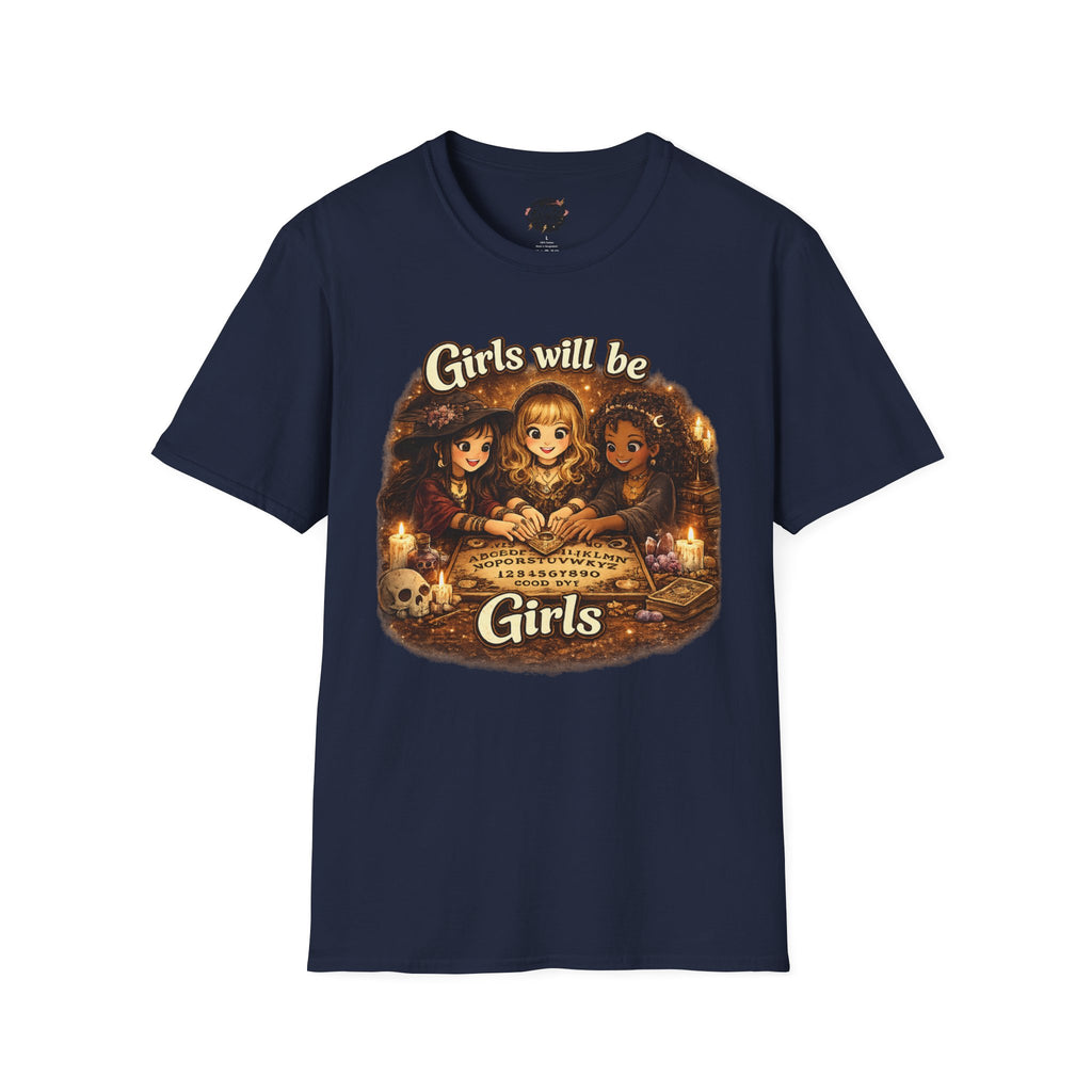Girls Will Be Girls Kids Tee — Vintage Floral Trio Graphic Shirt - Witchy Girls Ouija Board Shirt - Spooky Cute Girls Shirt