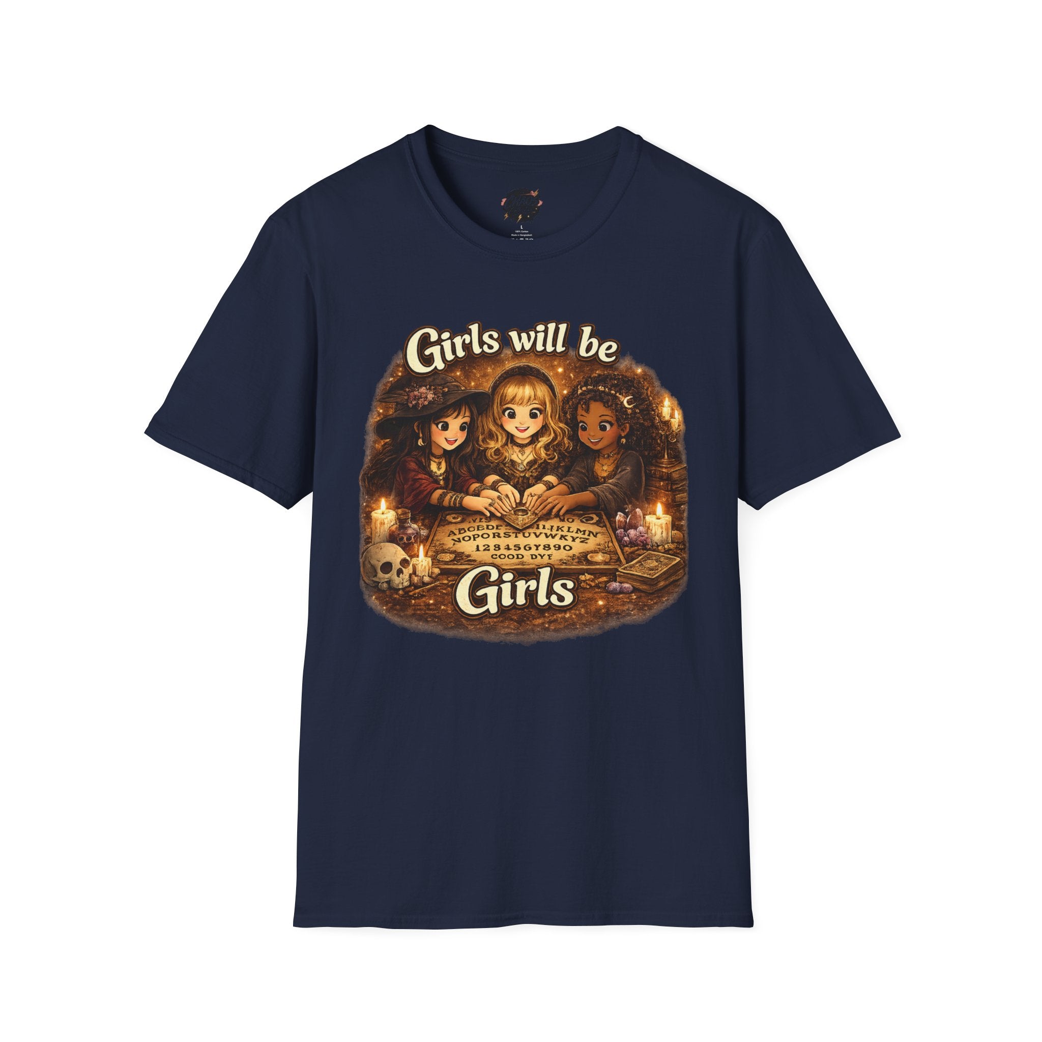Girls Will Be Girls Kids Tee — Vintage Floral Trio Graphic Shirt - Witchy Girls Ouija Board Shirt - Spooky Cute Girls Shirt