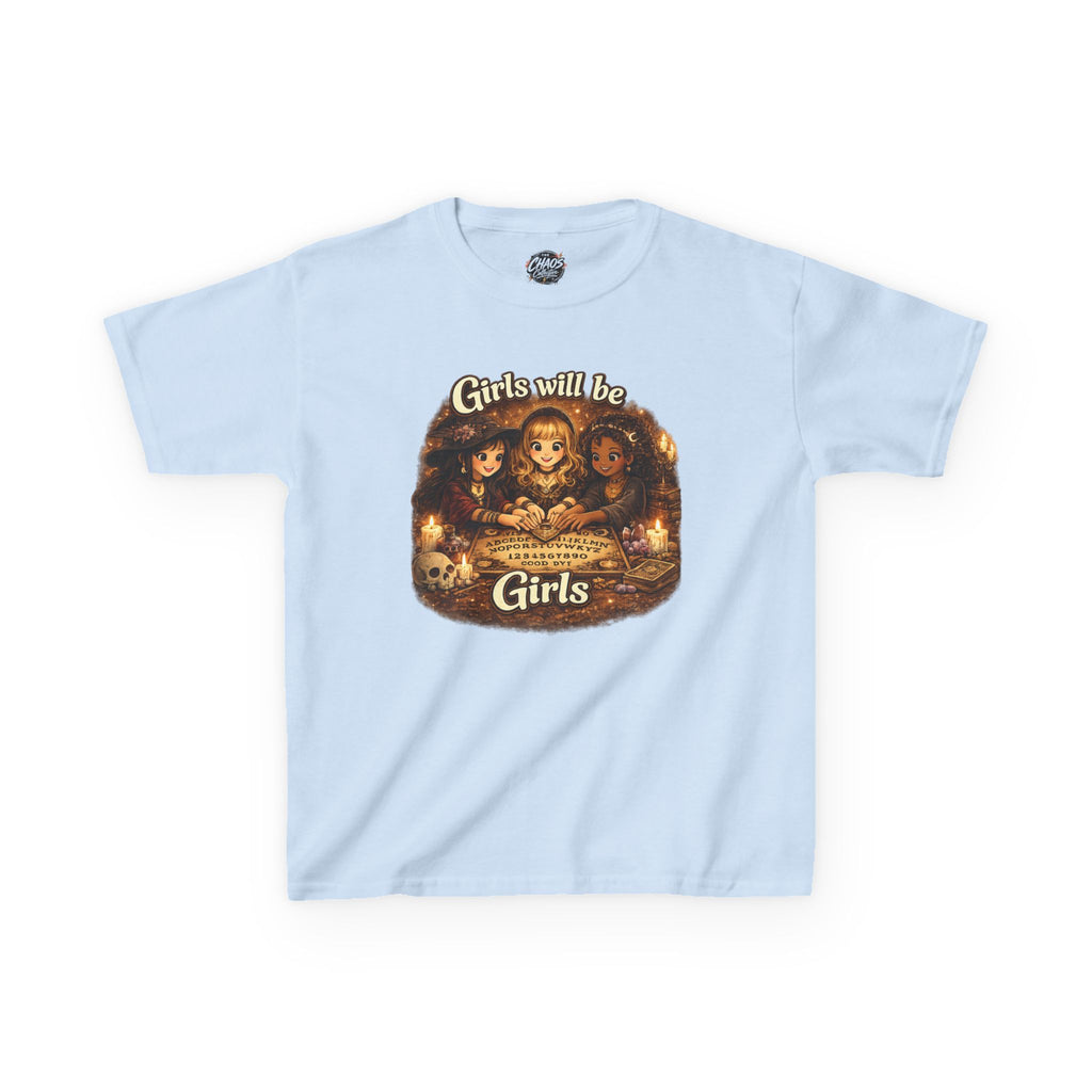 Girls Will Be Girls Kids Tee — Vintage Floral Trio Graphic Shirt - Witchy Girls Ouija Board Shirt - Spooky Cute Girls Shirt