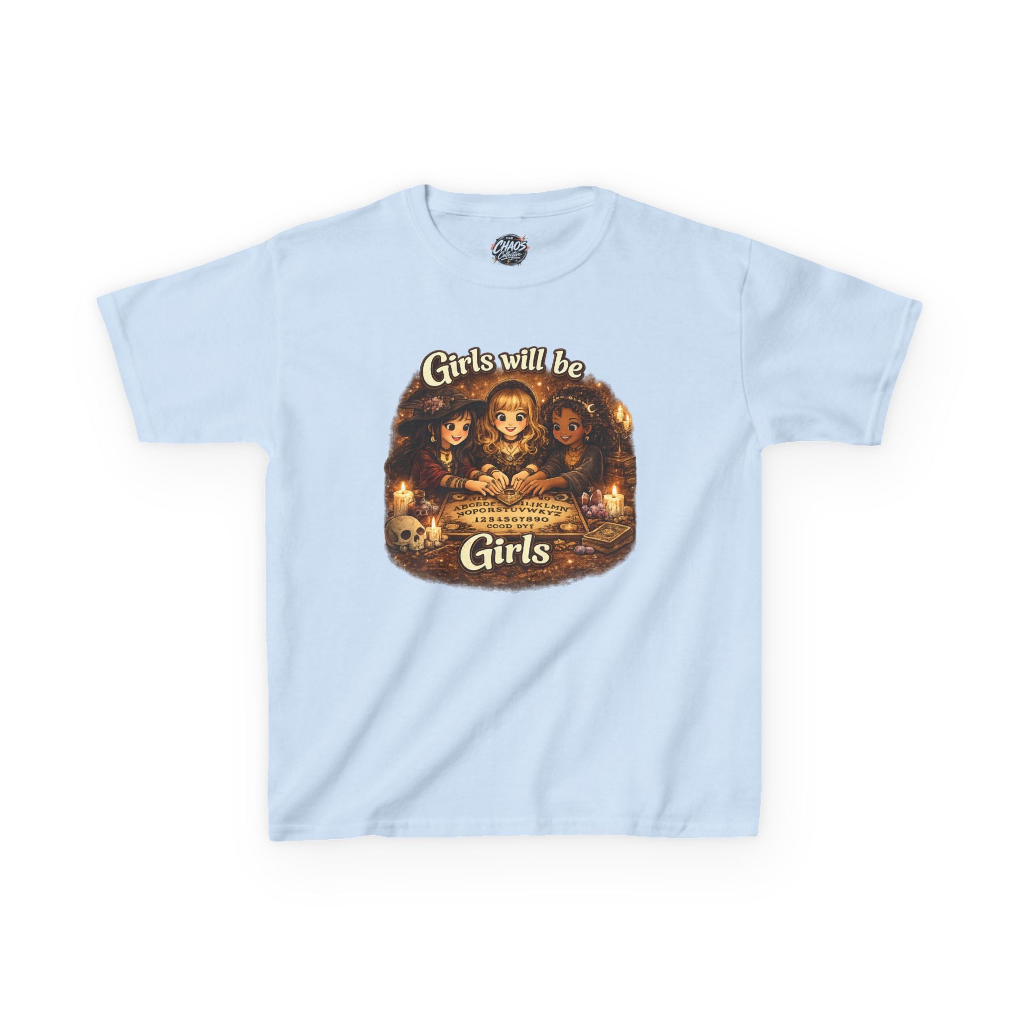 Girls Will Be Girls Kids Tee — Vintage Floral Trio Graphic Shirt - Witchy Girls Ouija Board Shirt - Spooky Cute Girls Shirt
