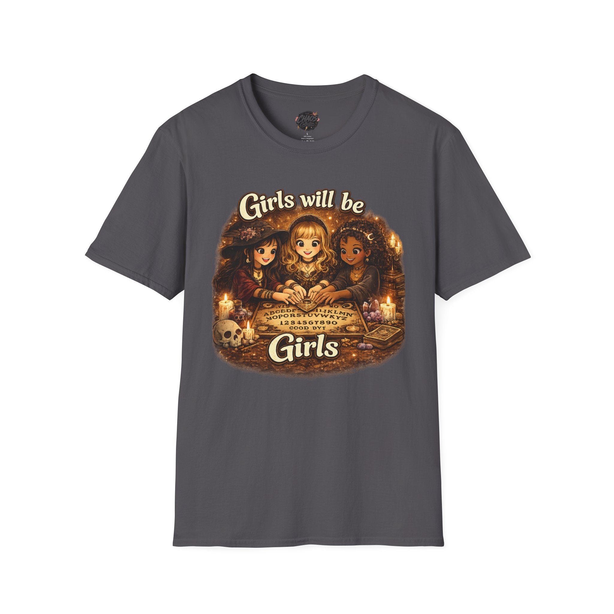 Girls Will Be Girls Kids Tee — Vintage Floral Trio Graphic Shirt - Witchy Girls Ouija Board Shirt - Spooky Cute Girls Shirt