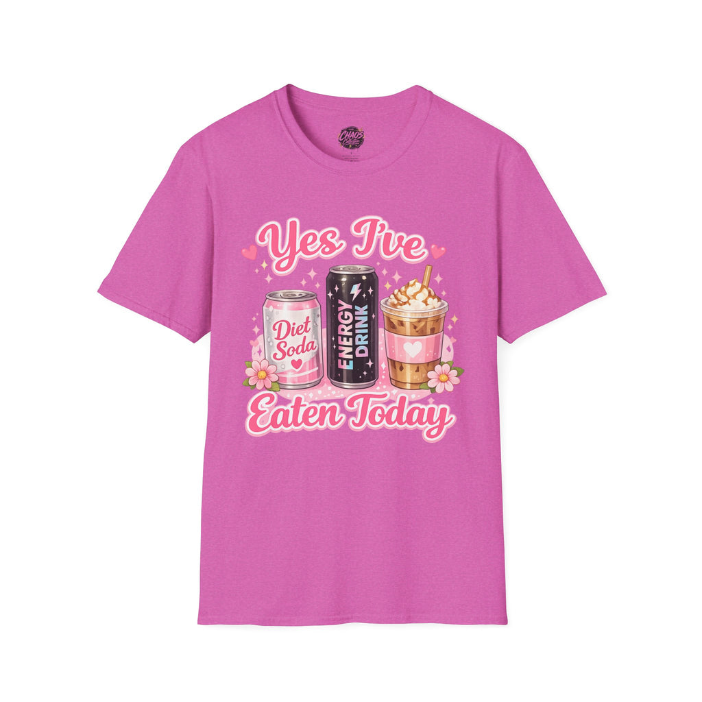 Funny Caffeine Lover Shirt – “Yes I’ve Eaten Today” Diet Soda, Energy Drink & Iced Coffee Tee – Girly Basic Coffee Girl T-Shirt