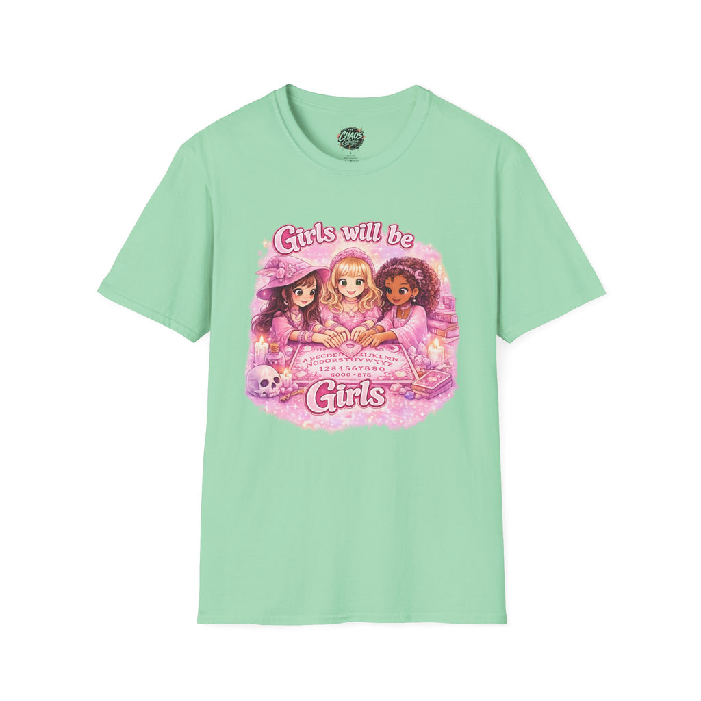 Girls Will Be Girls Women's T‑Shirt — Pink Retro Friendship Graphic Tee - Girls Will Be Girls Witchy Ouija Board Shirt - Trendy Witchcore Graphic Tee