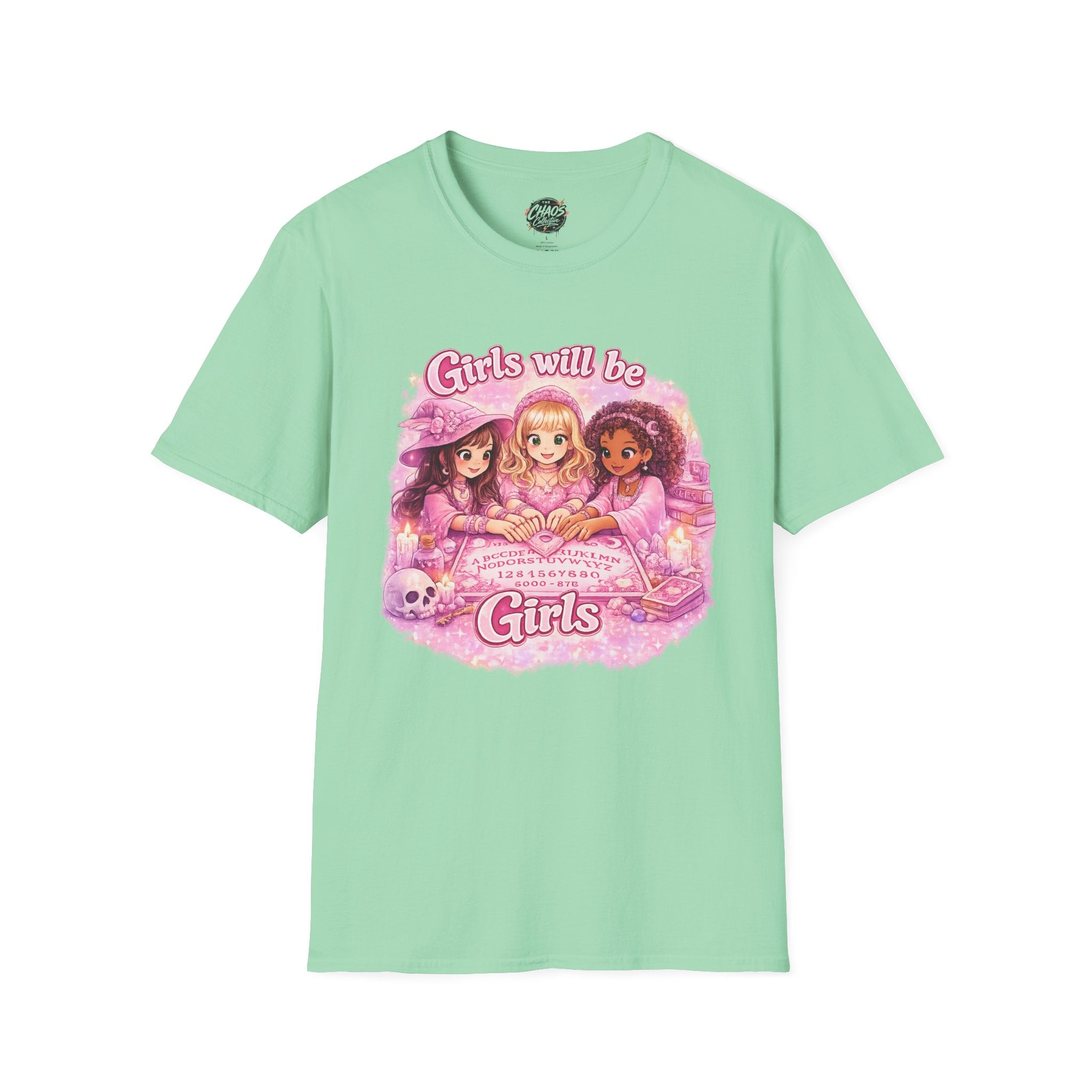 Girls Will Be Girls Women's T‑Shirt — Pink Retro Friendship Graphic Tee - Girls Will Be Girls Witchy Ouija Board Shirt - Trendy Witchcore Graphic Tee