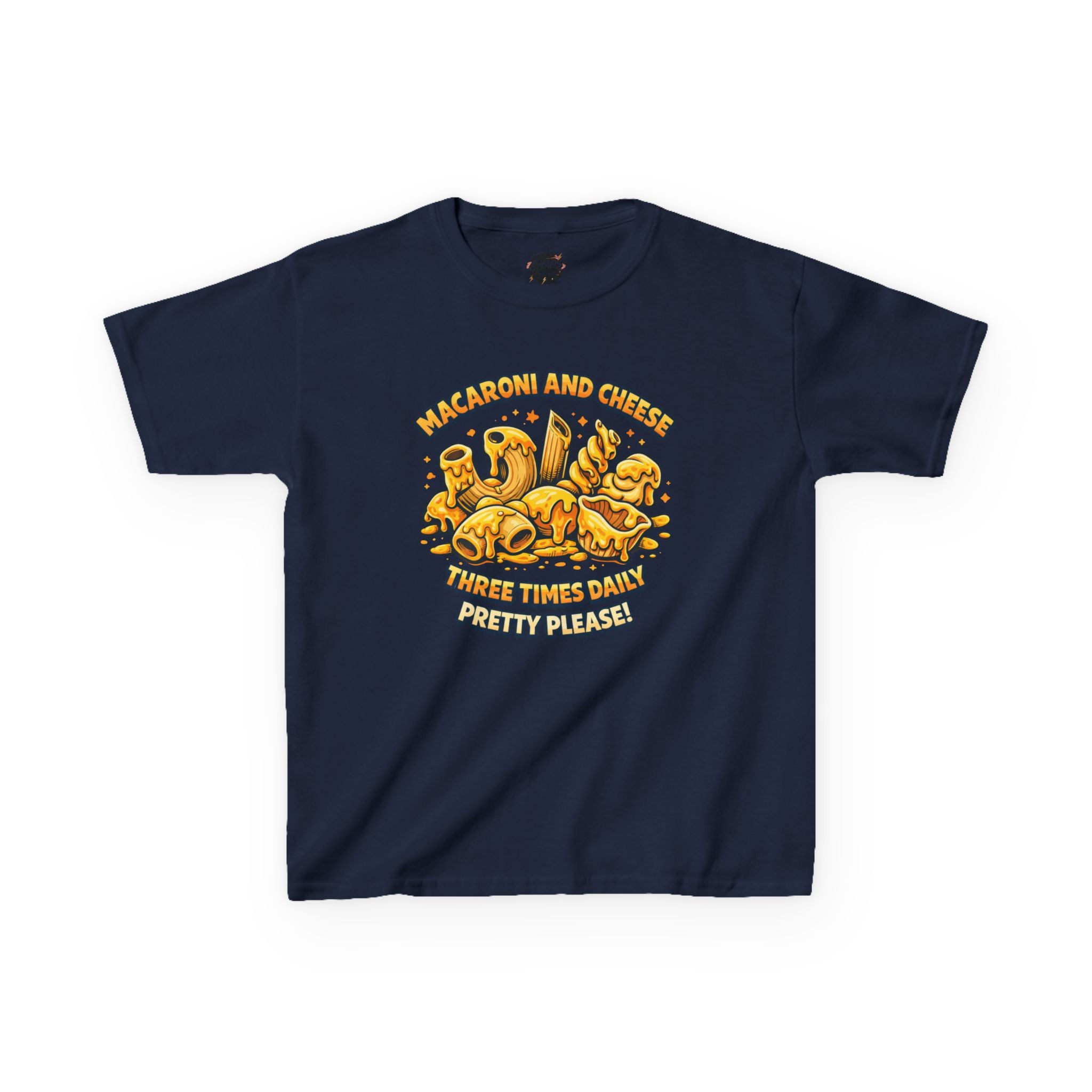 Kids Macaroni & Cheese Tee — "Macaroni and Cheese Three Times Daily, Pretty Please!"