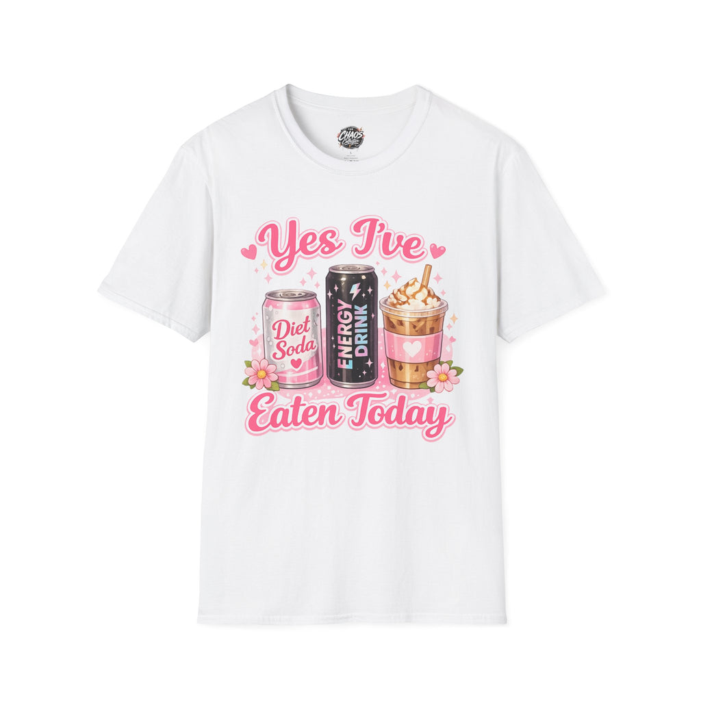 Funny Caffeine Lover Shirt – “Yes I’ve Eaten Today” Diet Soda, Energy Drink & Iced Coffee Tee – Girly Basic Coffee Girl T-Shirt