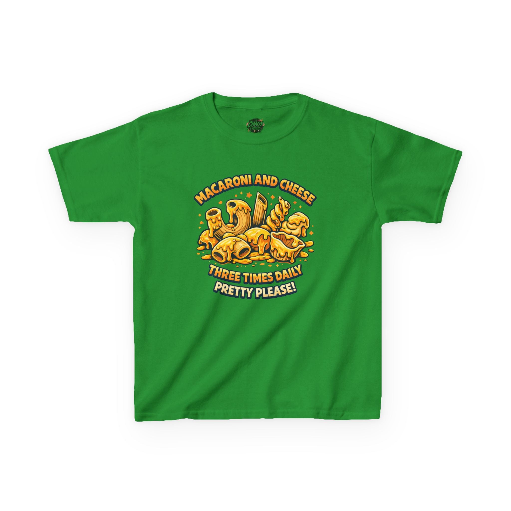 Kids Macaroni & Cheese Tee — "Macaroni and Cheese Three Times Daily, Pretty Please!"