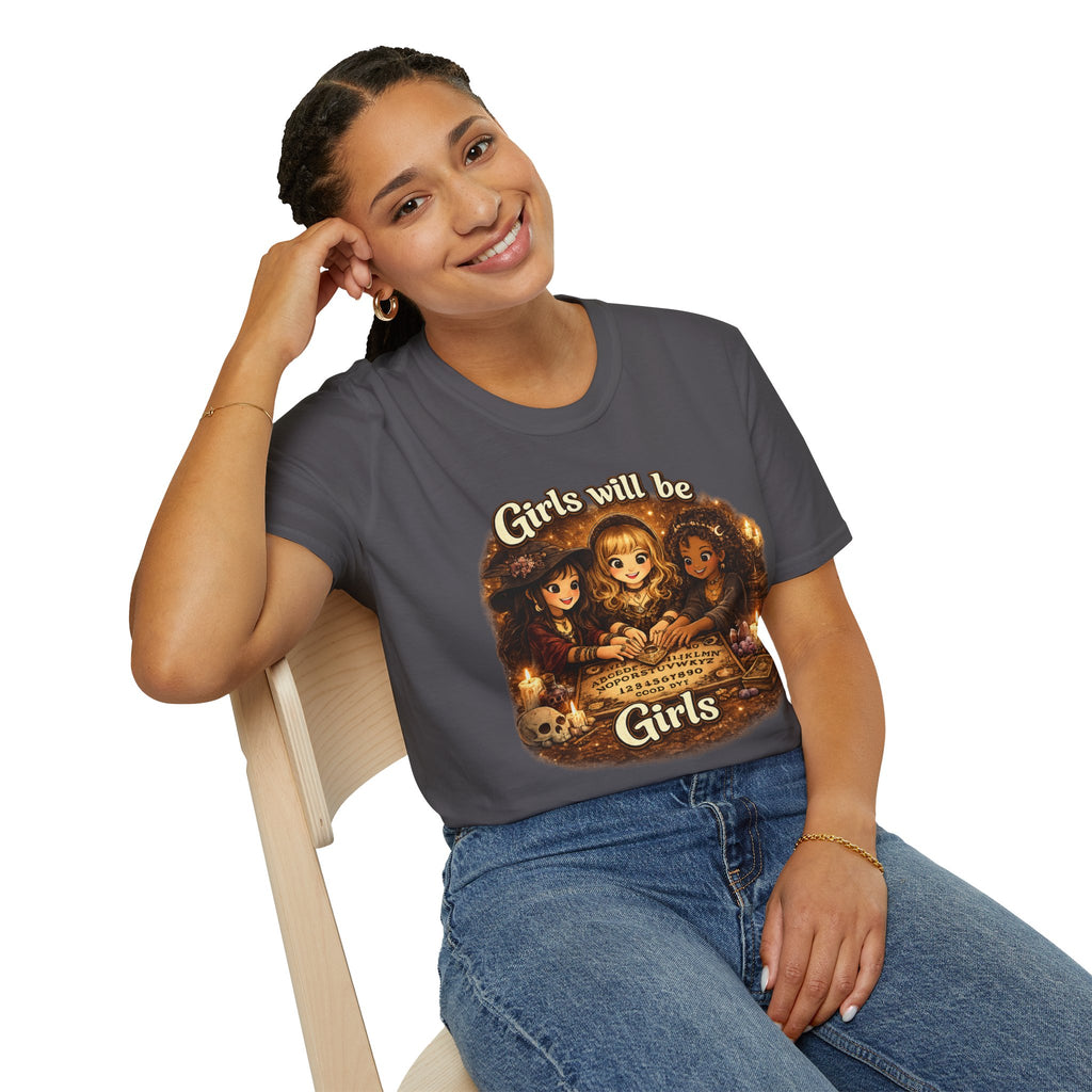 Girls Will Be Girls Kids Tee — Vintage Floral Trio Graphic Shirt - Witchy Girls Ouija Board Shirt - Spooky Cute Girls Shirt