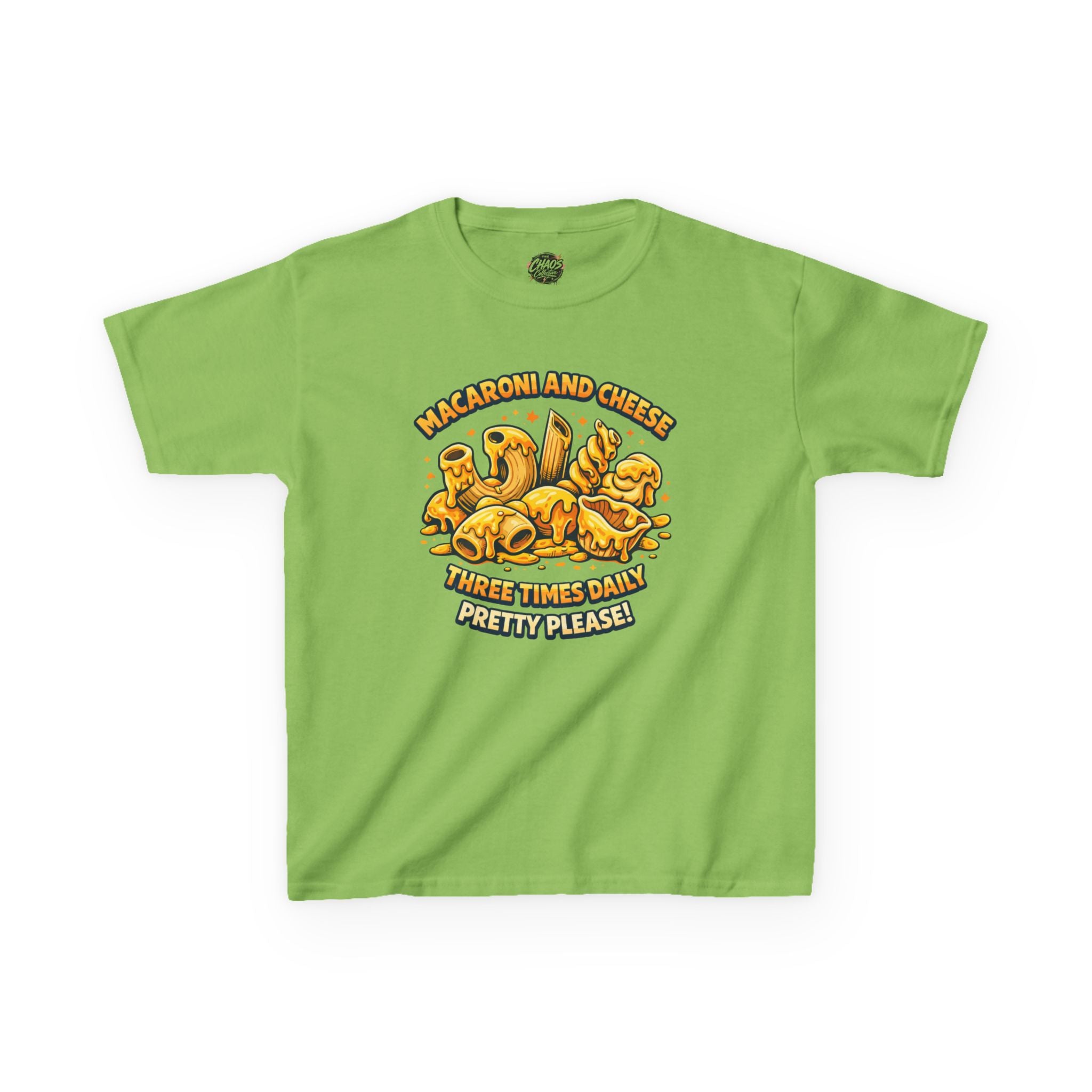 Kids Macaroni & Cheese Tee — "Macaroni and Cheese Three Times Daily, Pretty Please!"