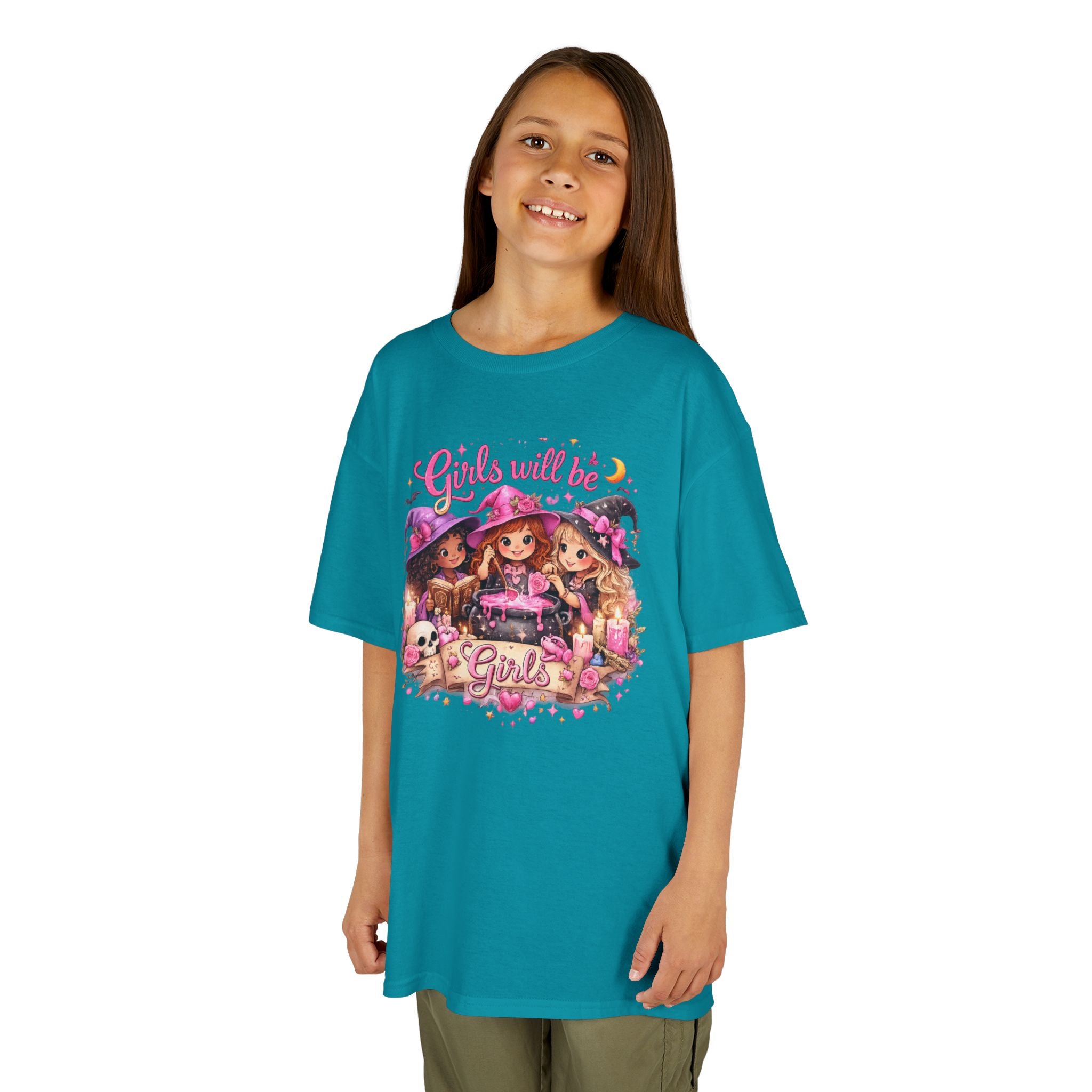 Girls Will Be Girls Kids T-Shirt — Cute Witch Costume Graphic Tee for Halloween - irls Will Be Girls T-Shirt — Cute Witch Trio Halloween Tee - Girls Will Be Girls Witch Shirt – Cute Kawaii Pink Halloween Graphic Tee, Girly Witch Aesthetic Spooky Shirt