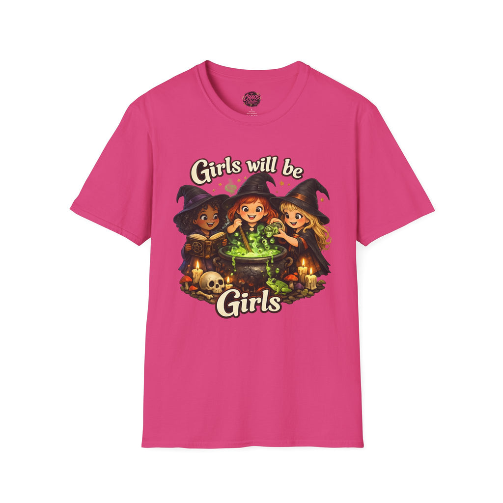 Girls Will Be Girls Witch T-Shirt — Cute Halloween Witch Trio Graphic Tee - Girls Will Be Girls Witch Shirt – Cute Pink Halloween Graphic Tee, Girly Witch Aesthetic Spooky Shirt