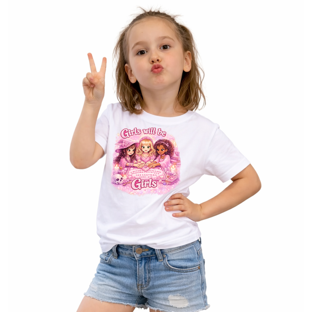 Girls Will Be Girls Kids T‑Shirt — Pink Retro Friendship Graphic Tee - Girls Will Be Girls Witchy Ouija Board Shirt - Trendy Witchcore Graphic Tee