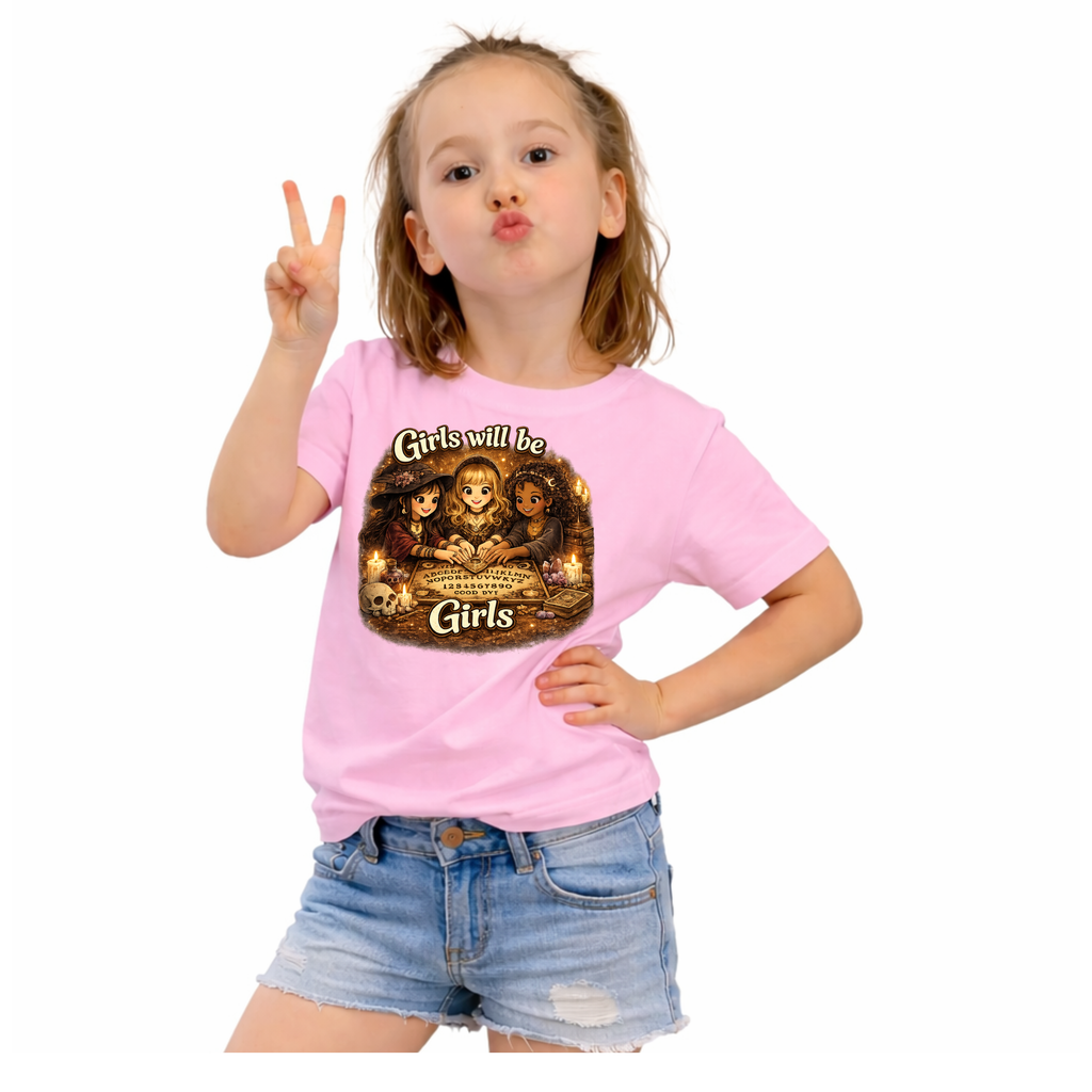 Girls Will Be Girls Kids Tee — Vintage Floral Trio Graphic Shirt - Witchy Girls Ouija Board Shirt - Spooky Cute Girls Shirt