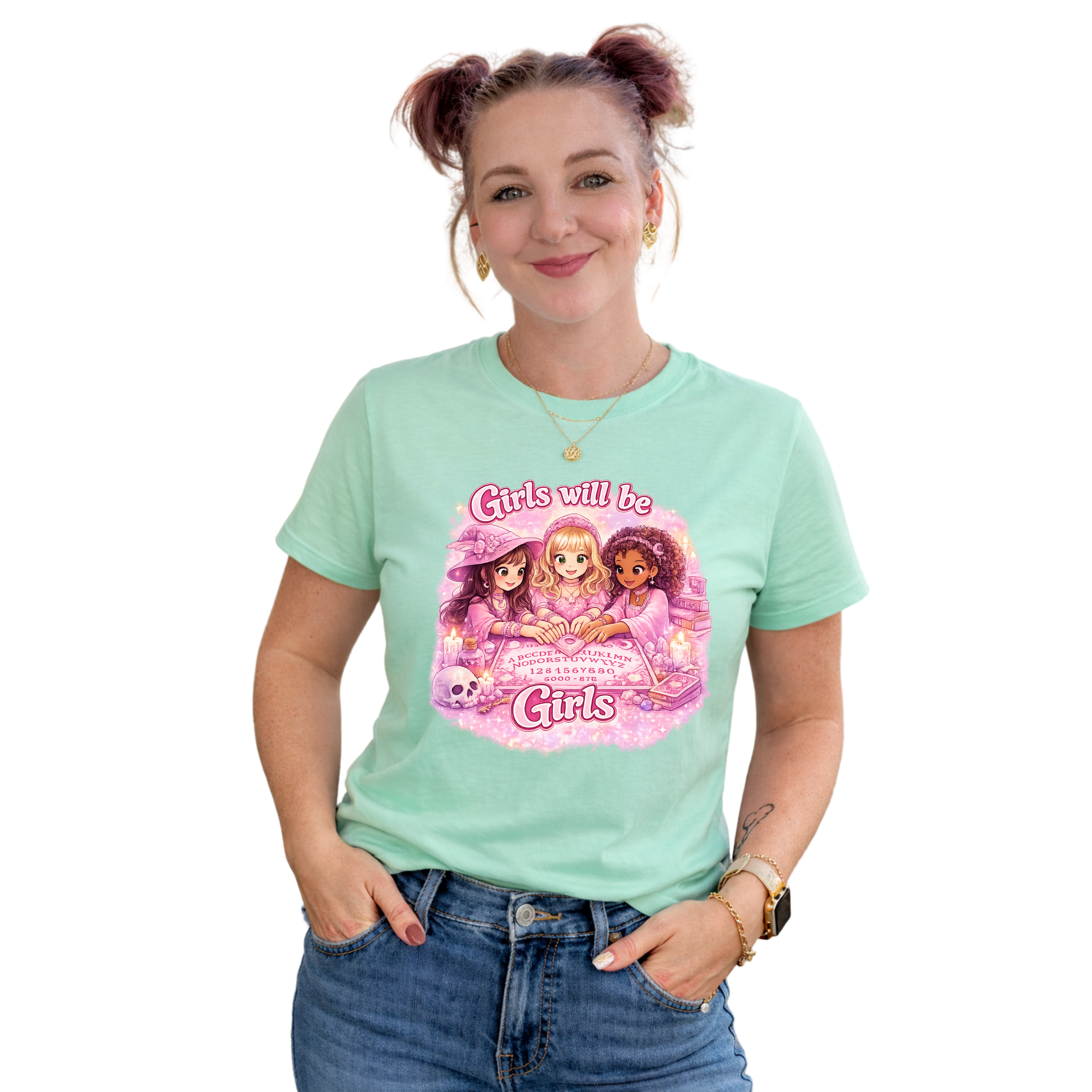 Girls Will Be Girls Women's T‑Shirt — Pink Retro Friendship Graphic Tee - Girls Will Be Girls Witchy Ouija Board Shirt - Trendy Witchcore Graphic Tee